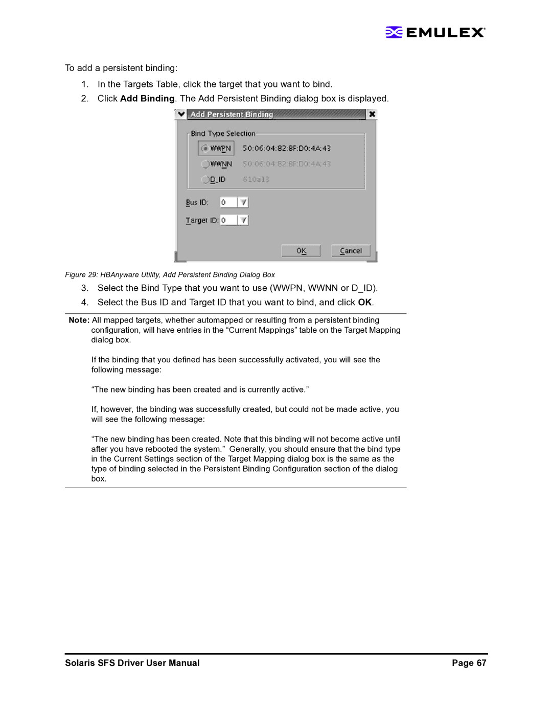 Emulex LP1150-F4 user manual HBAnyware Utility, Add Persistent Binding Dialog Box 