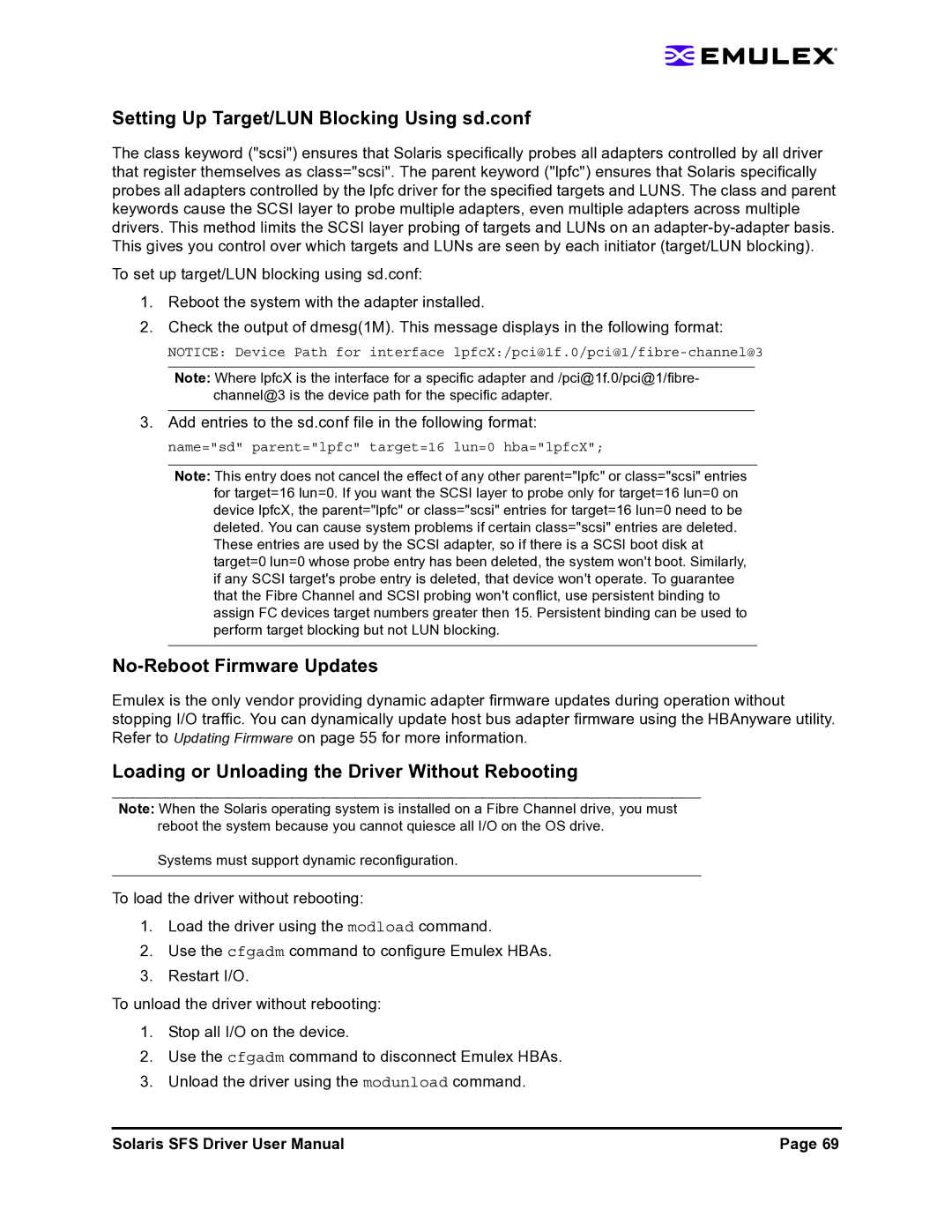 Emulex LP1150-F4 user manual Setting Up Target/LUN Blocking Using sd.conf, No-Reboot Firmware Updates 