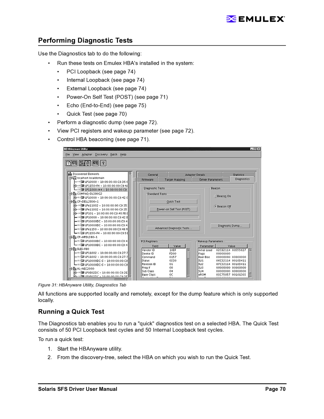 Emulex LP1150-F4 user manual Performing Diagnostic Tests, Running a Quick Test 