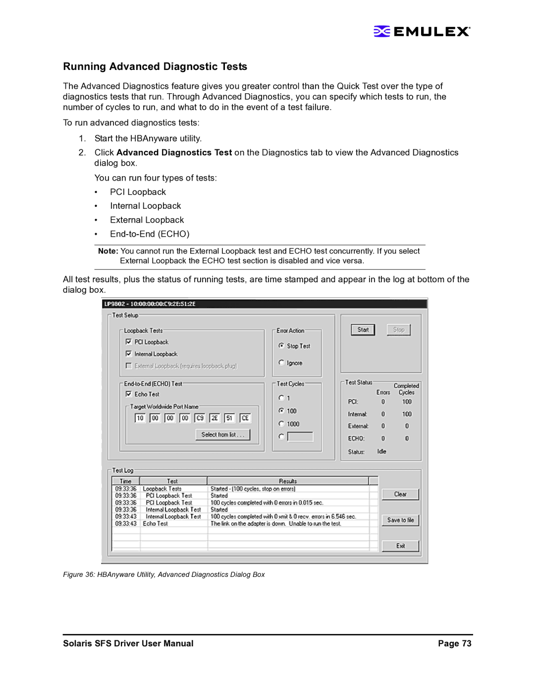 Emulex LP1150-F4 user manual Running Advanced Diagnostic Tests, HBAnyware Utility, Advanced Diagnostics Dialog Box 