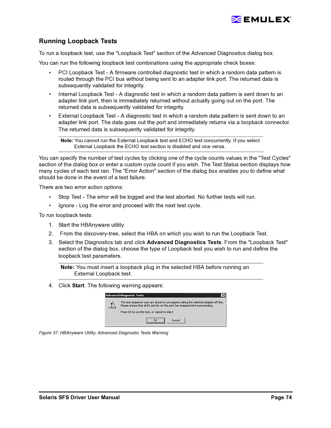 Emulex LP1150-F4 user manual Running Loopback Tests, HBAnyware Utility, Advanced Diagnostic Tests Warning 