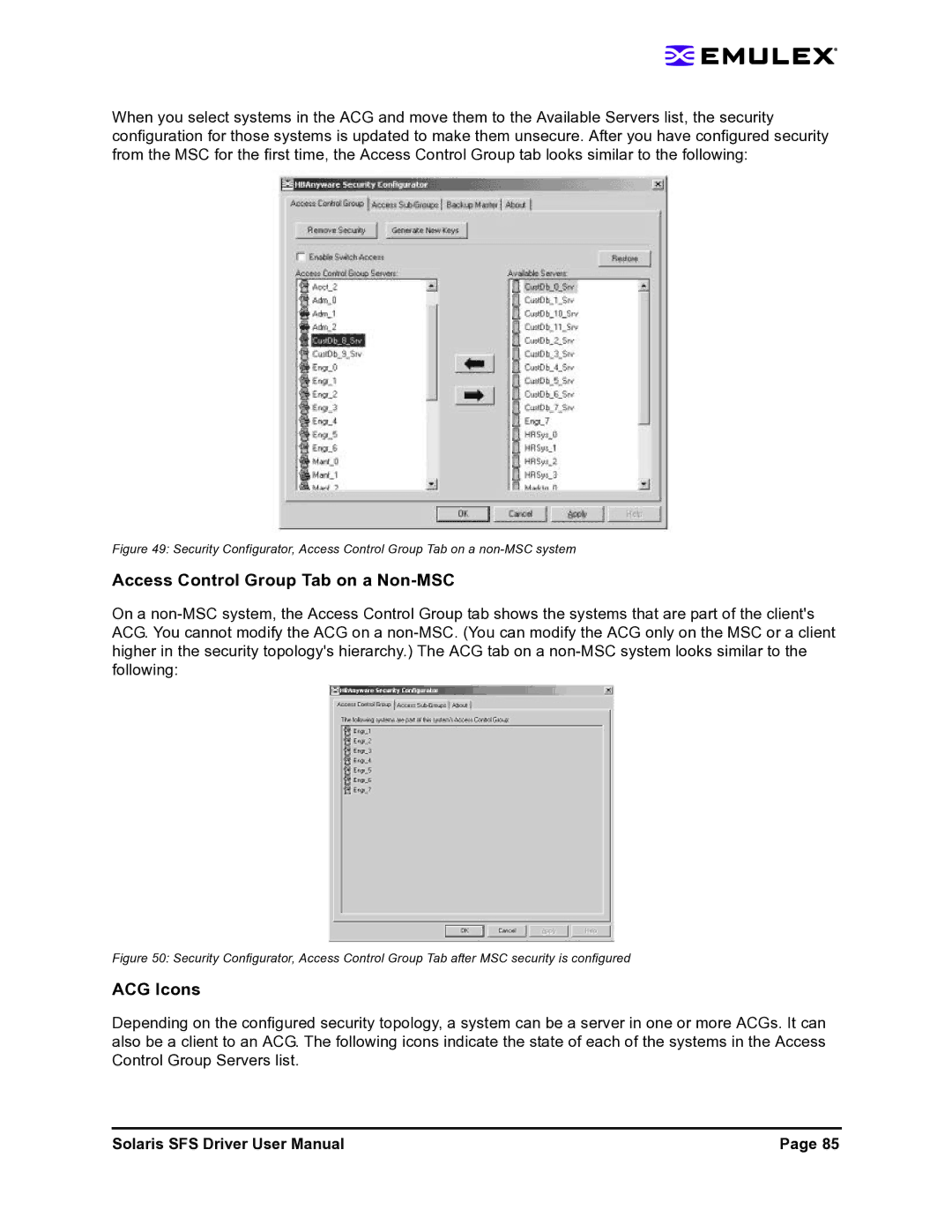 Emulex LP1150-F4 user manual Access Control Group Tab on a Non-MSC, ACG Icons 