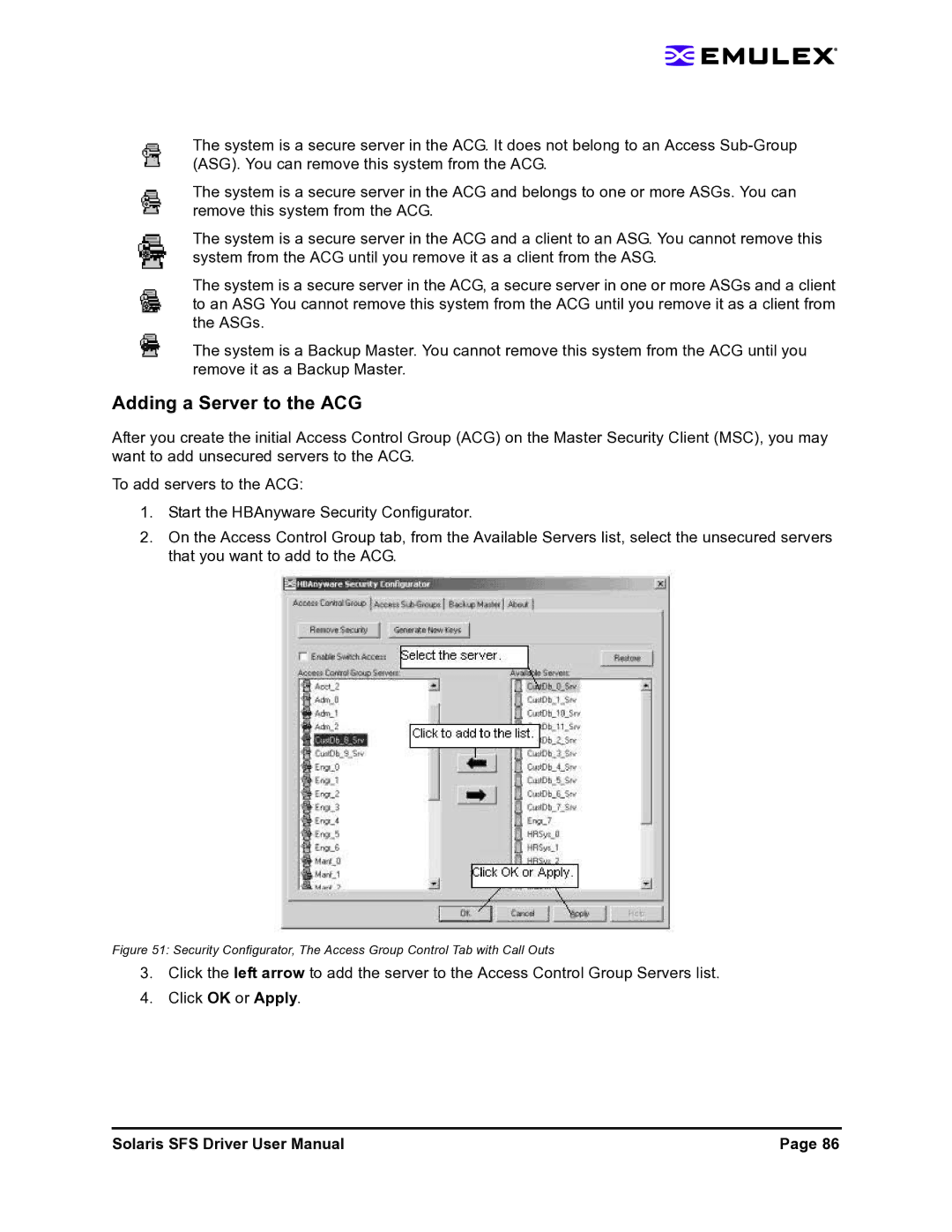 Emulex LP1150-F4 user manual Adding a Server to the ACG 