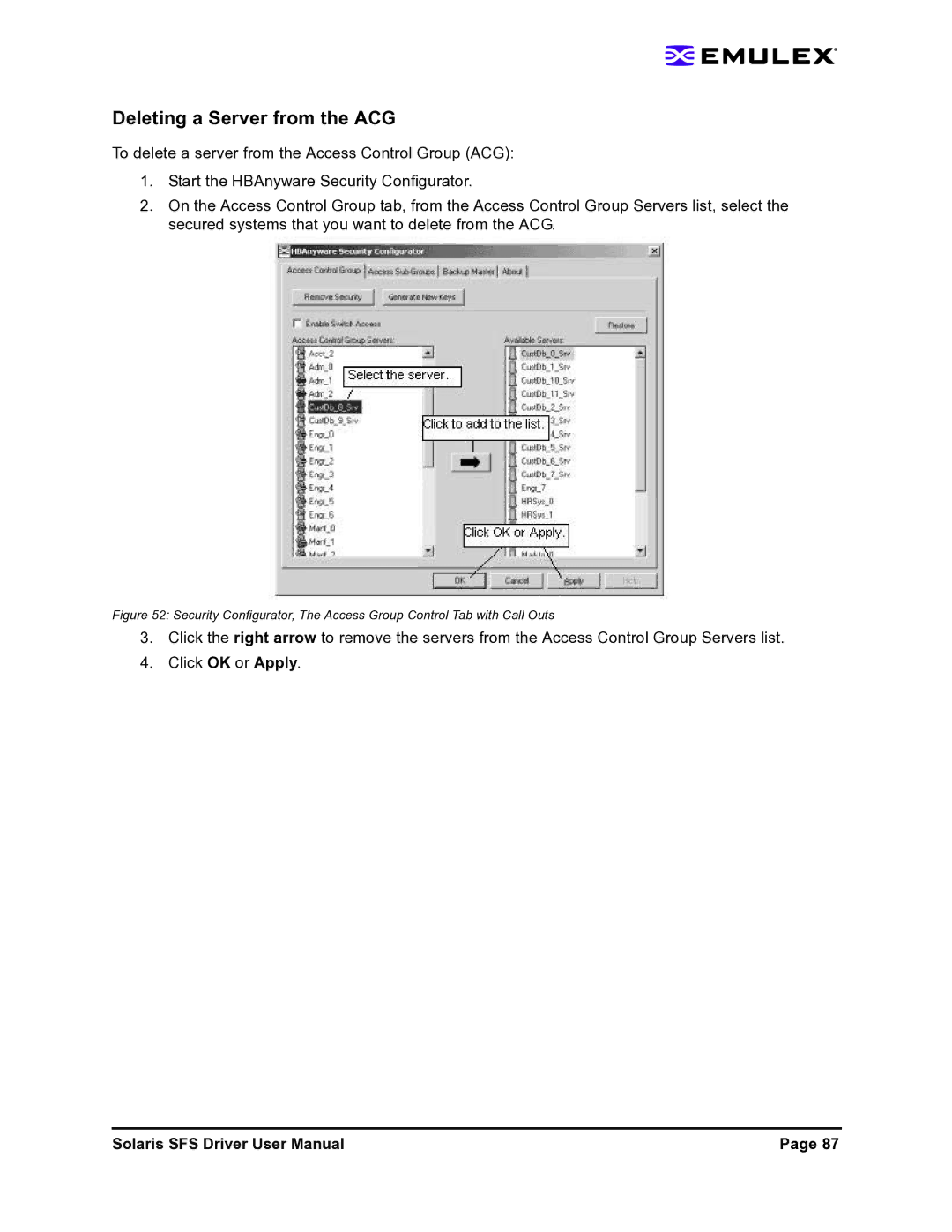 Emulex LP1150-F4 user manual Deleting a Server from the ACG 