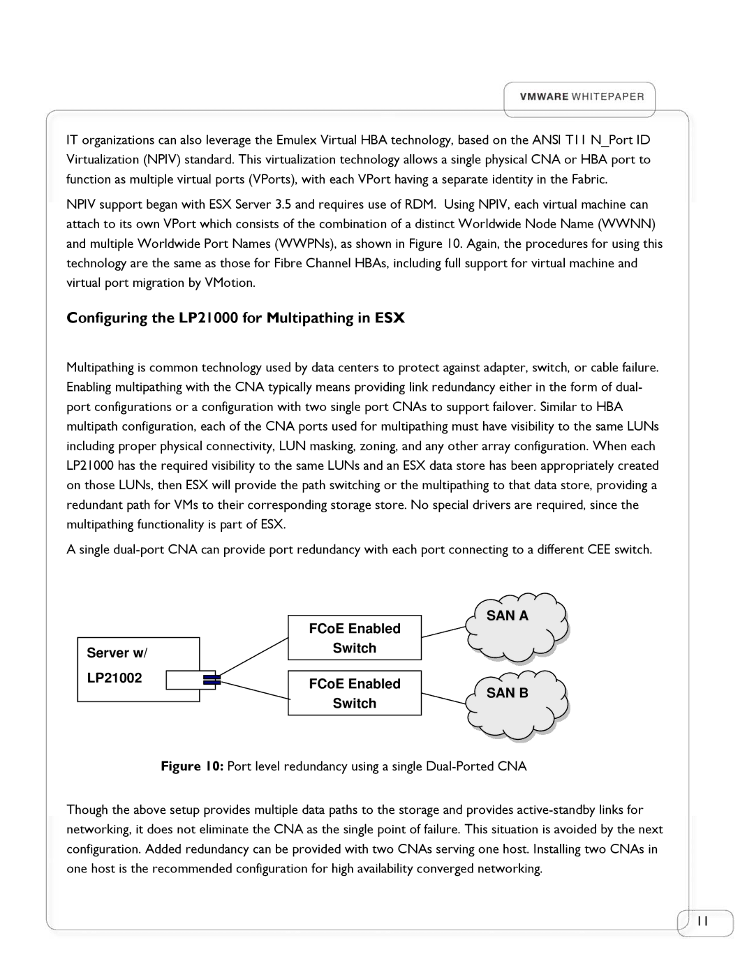 Emulex manual Configuring the LP21000 for Multipathing in ESX 