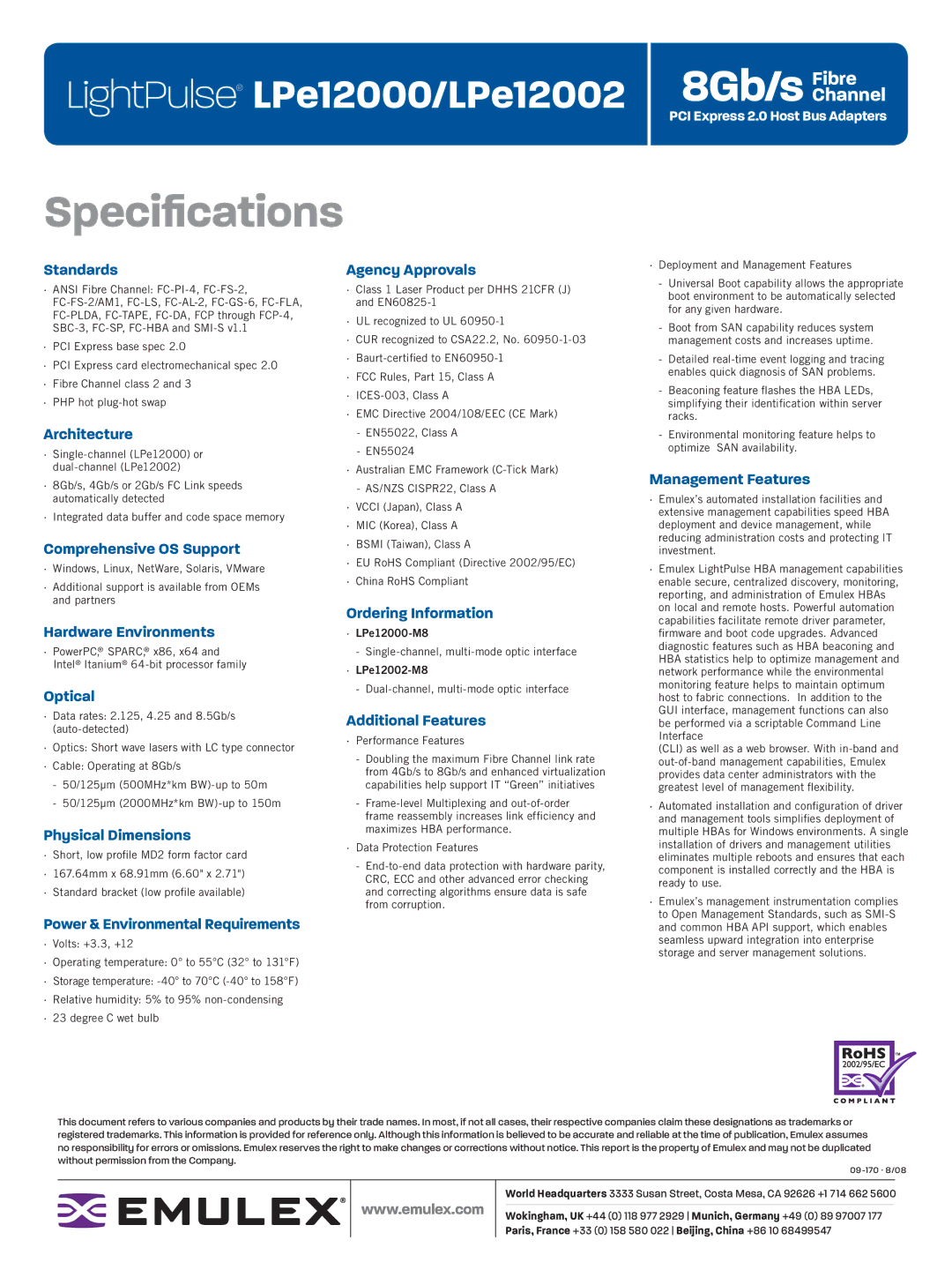 Emulex LPe12000-M8 Standards, Architecture, Comprehensive OS Support, Hardware Environments, Optical, Physical Dimensions 