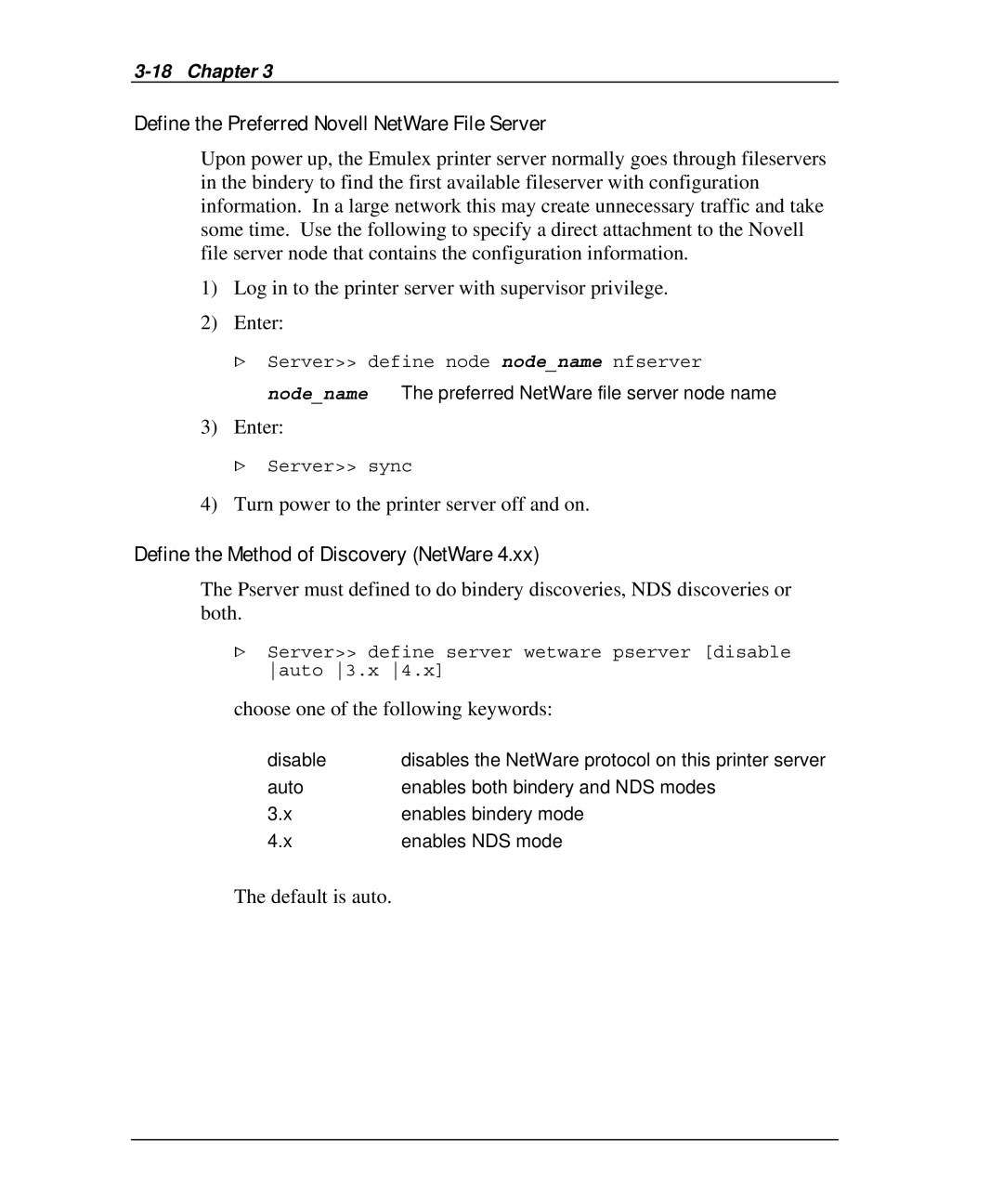 Emulex NJ01B-NT+ Define the Preferred Novell NetWare File Server, Define the Method of Discovery NetWare, Default is auto 