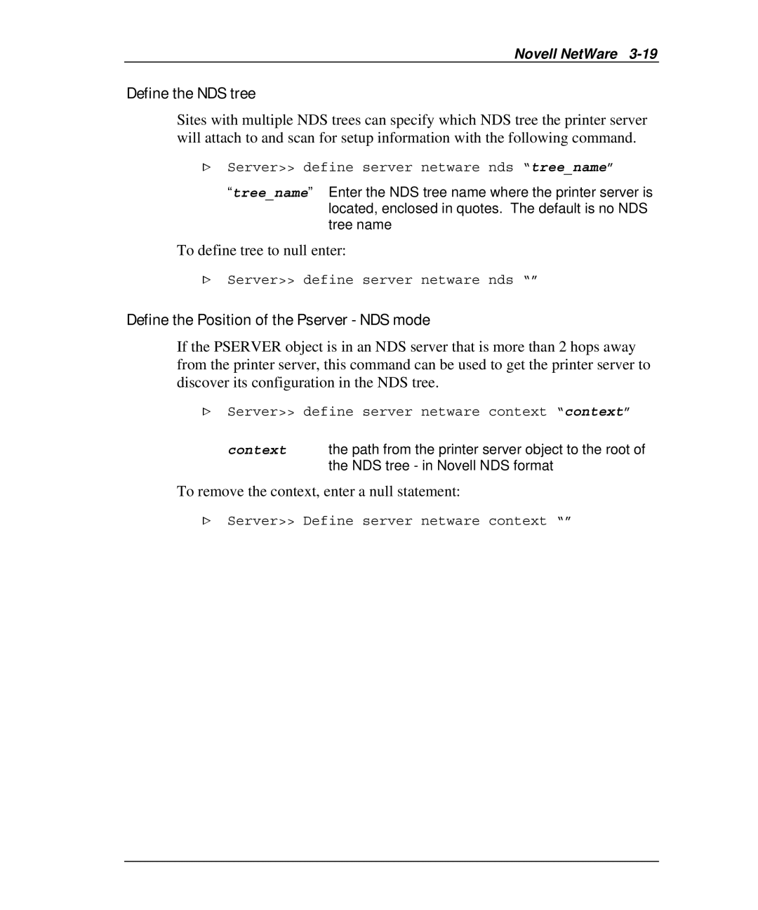 Emulex NQGB-NT+, NP02 manual Define the NDS tree, Define the Position of the Pserver NDS mode, To define tree to null enter 