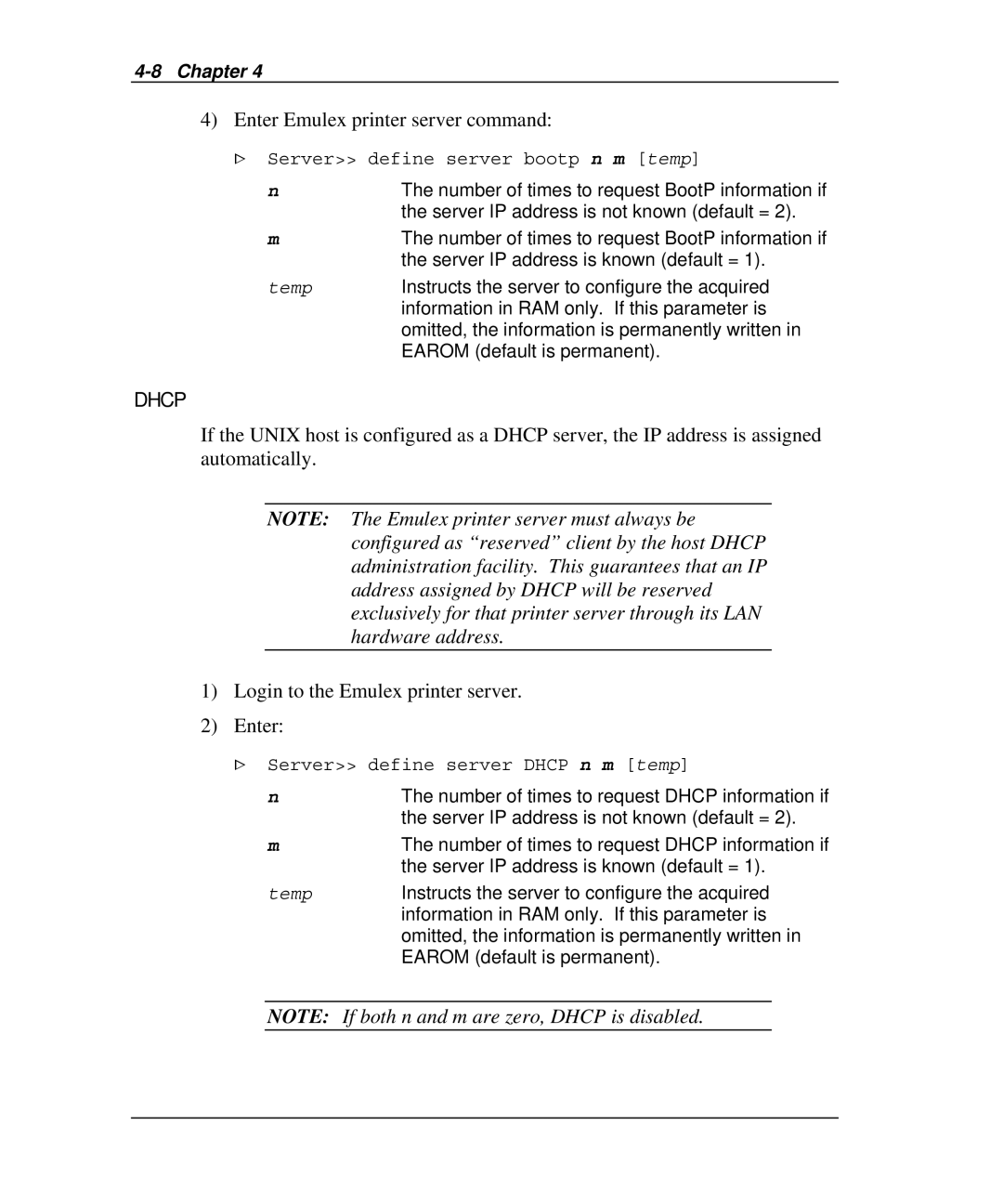 Emulex NQTR0V-NATM, NP02, NQ0V-NT+, NJ01B-NT+ manual Enter Emulex printer server command, Server define server bootp n m temp 