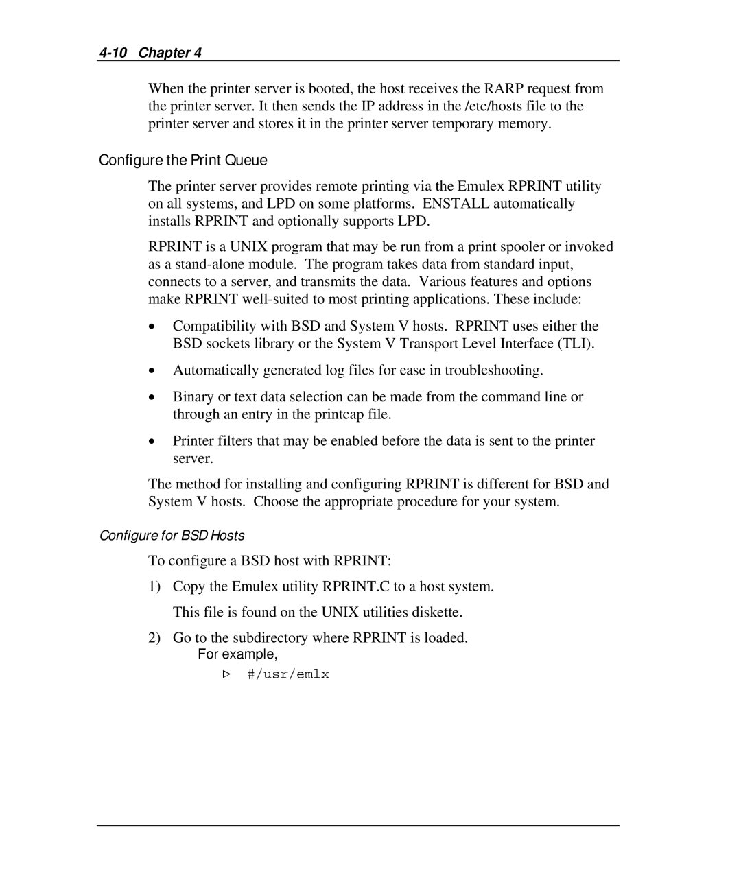 Emulex NQ0V-NT+, NP02, NJ01B-NT+, NQGB-NT+, NQTR0U-NATM, NQ0U-NT+ manual Configure the Print Queue, Configure for BSD Hosts 