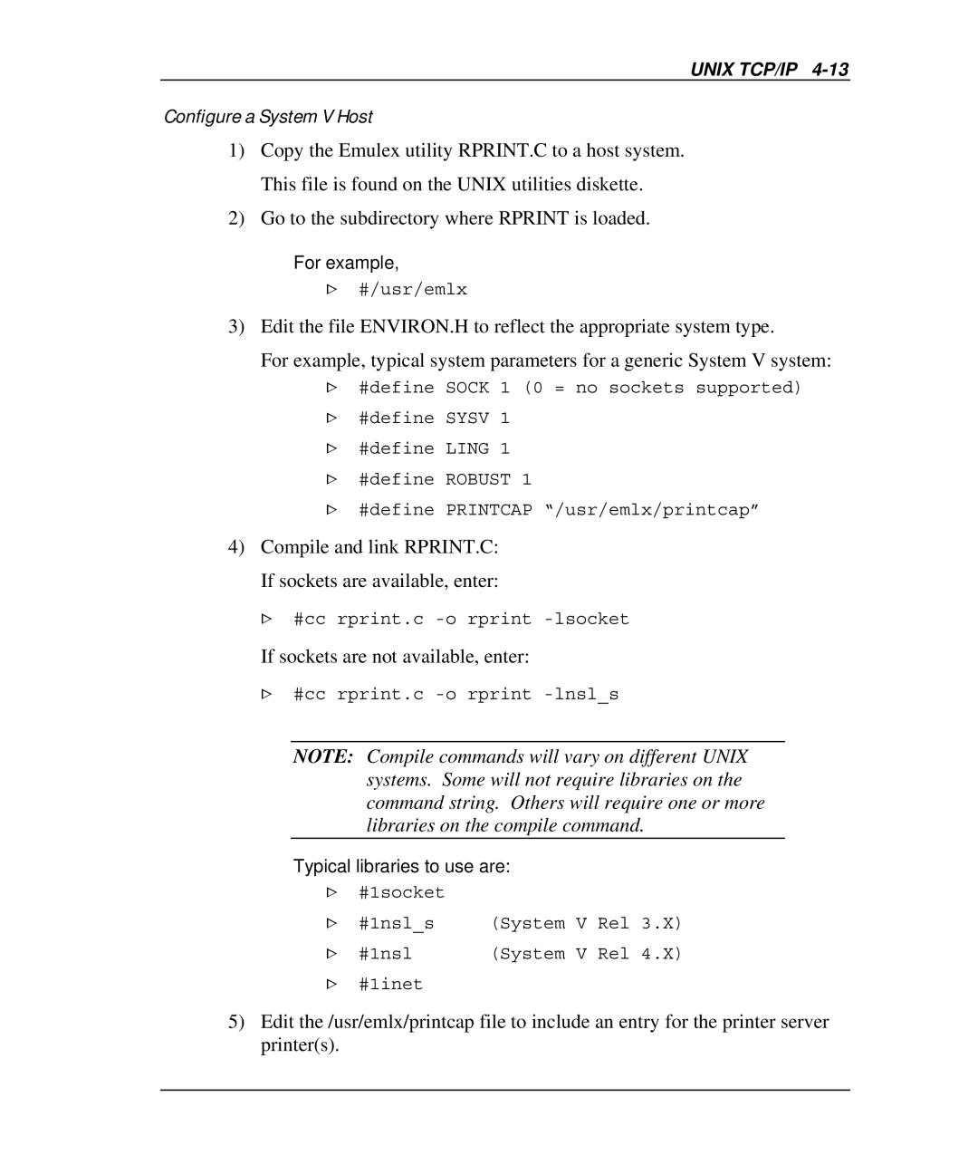 Emulex NQTR0U-NATM, NP02, NQ0V-NT+ Configure a System V Host, Compile and link RPRINT.C If sockets are available, enter 