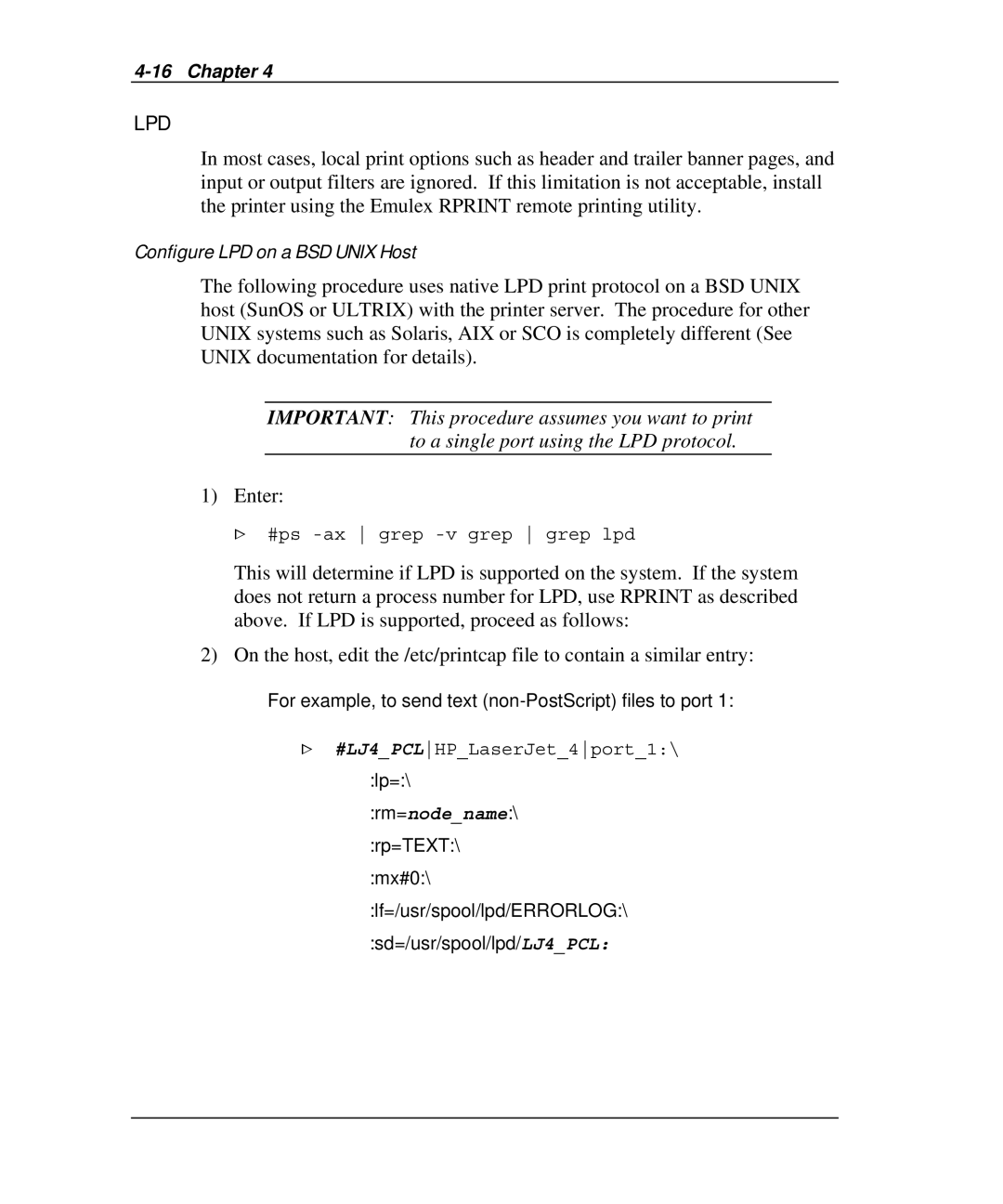 Emulex NP02, NQ0V-NT+, NJ01B-NT+, NQGB-NT+, NQTR0U-NATM, NQ0U-NT+, NQTR0V-NATM manual Lpd, Configure LPD on a BSD Unix Host 