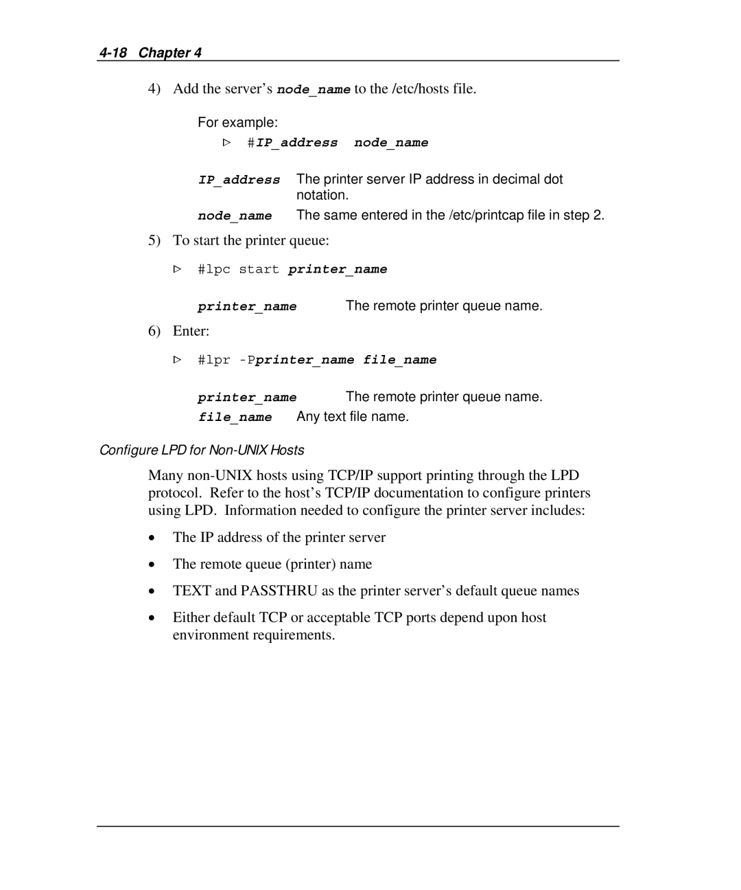 Emulex NJ01B-NT+, NP02, NQ0V-NT+, NQGB-NT+ manual Add the server’s nodename to the /etc/hosts file, To start the printer queue 