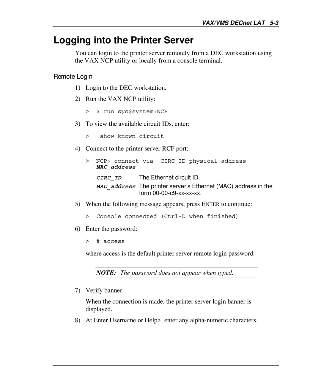 Emulex NQ0U-NT+, NP02 manual Login to the DEC workstation Run the VAX NCP utility, To view the available circuit IDs, enter 