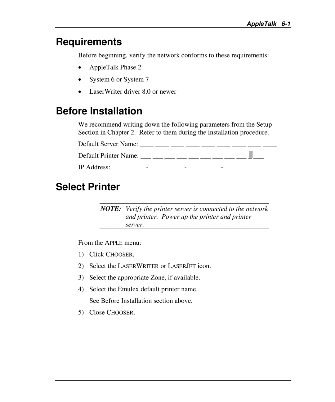 Emulex NQGB-NT+, NP02, NQ0V-NT+, NJ01B-NT+, NQTR0U-NATM, NQ0U-NT+, NQTR0V-NATM manual Requirements, Select Printer 