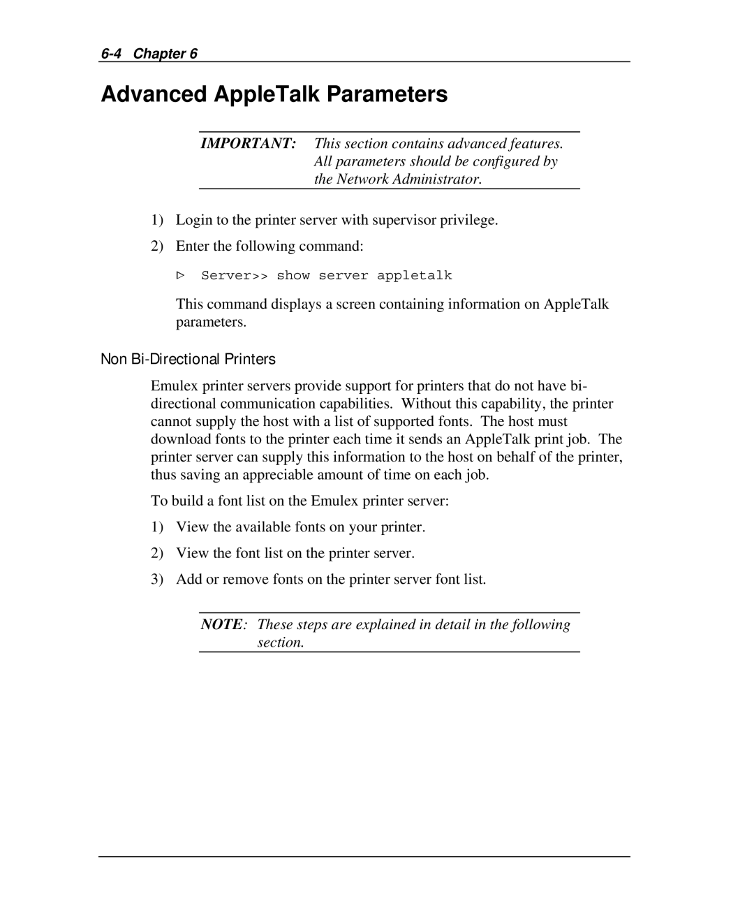 Emulex NQTR0V-NATM, NP02, NQ0V-NT+, NJ01B-NT+, NQGB-NT+, NQ0U-NT+ Advanced AppleTalk Parameters, Non Bi-Directional Printers 