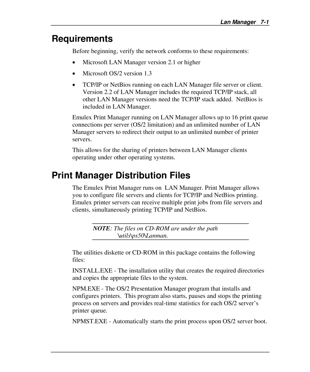 Emulex NQTR0U-NATM, NP02, NQ0V-NT+, NJ01B-NT+, NQGB-NT+, NQ0U-NT+, NQTR0V-NATM Requirements, Print Manager Distribution Files 