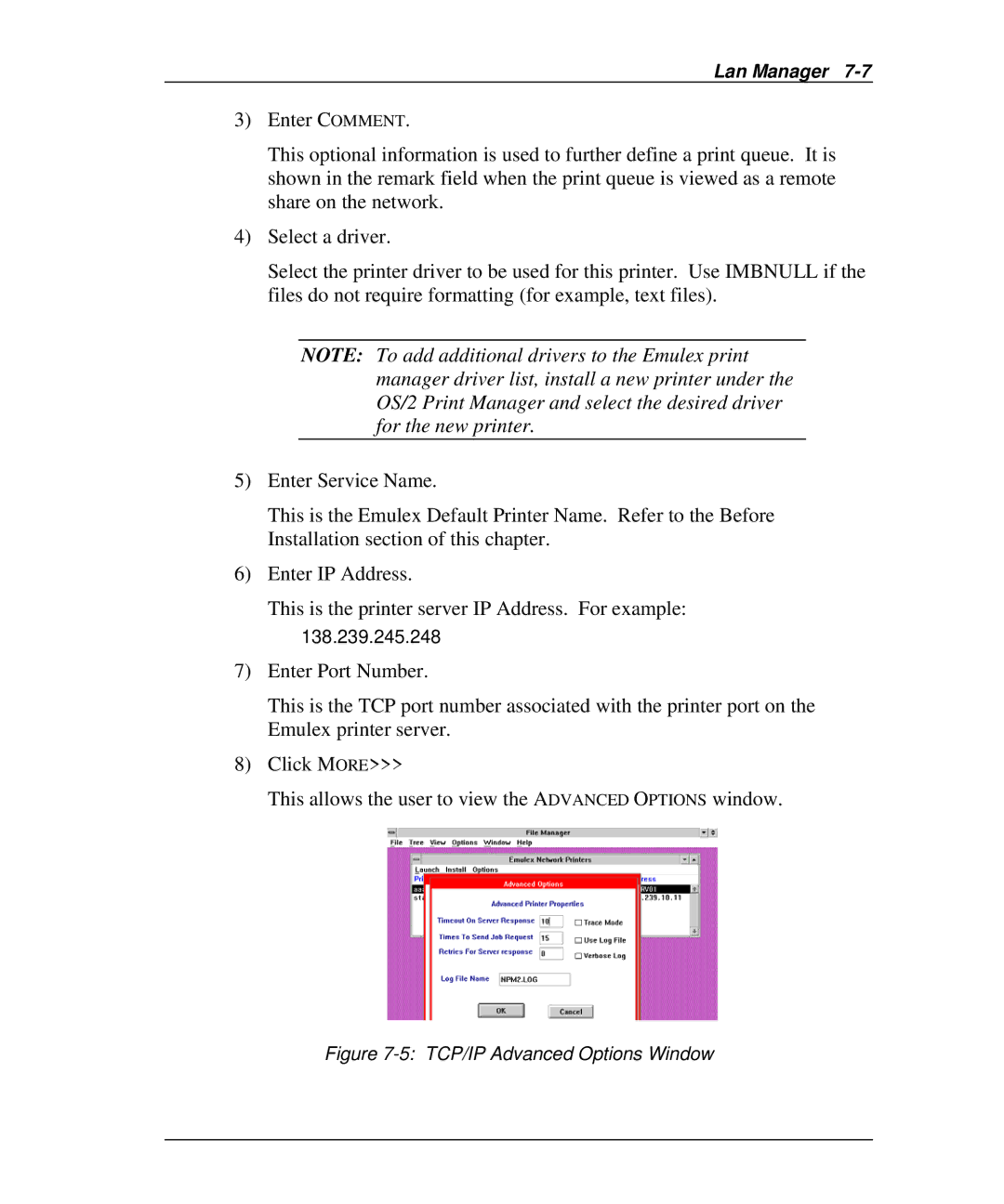 Emulex NQGB-NT+, NP02, NQ0V-NT+, NJ01B-NT+, NQTR0U-NATM, NQ0U-NT+, NQTR0V-NATM manual TCP/IP Advanced Options Window 