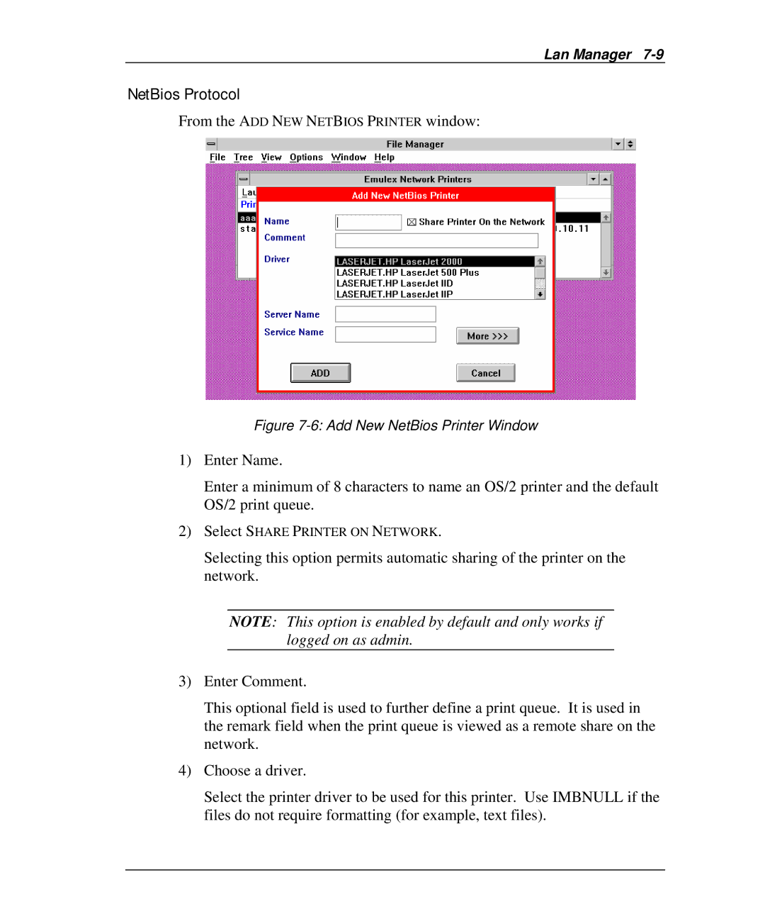 Emulex NQ0U-NT+, NP02, NQ0V-NT+, NJ01B-NT+, NQGB-NT+, NQTR0U-NATM NetBios Protocol, From the ADD NEW Netbios Printer window 