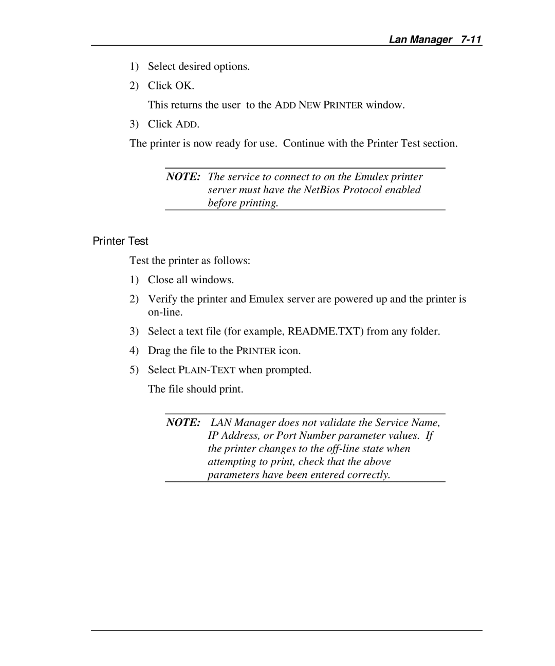 Emulex NP02, NQ0V-NT+, NJ01B-NT+, NQGB-NT+, NQTR0U-NATM, NQ0U-NT+, NQTR0V-NATM manual Printer Test 