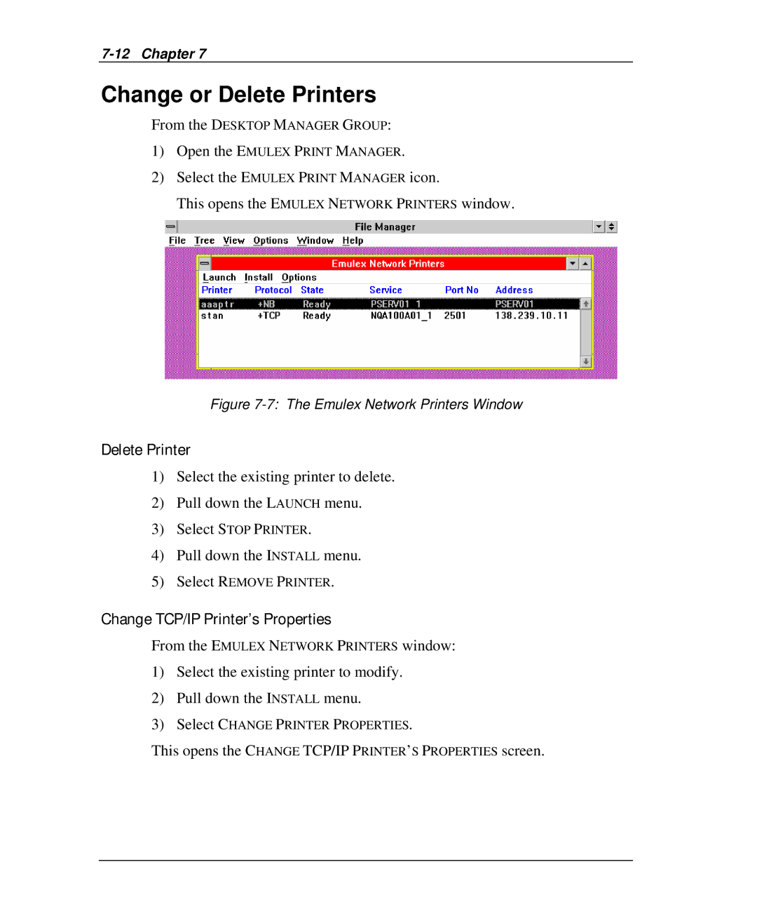 Emulex NQ0V-NT+, NP02, NJ01B-NT+, NQGB-NT+, NQTR0U-NATM manual Change or Delete Printers, Change TCP/IP Printer’s Properties 