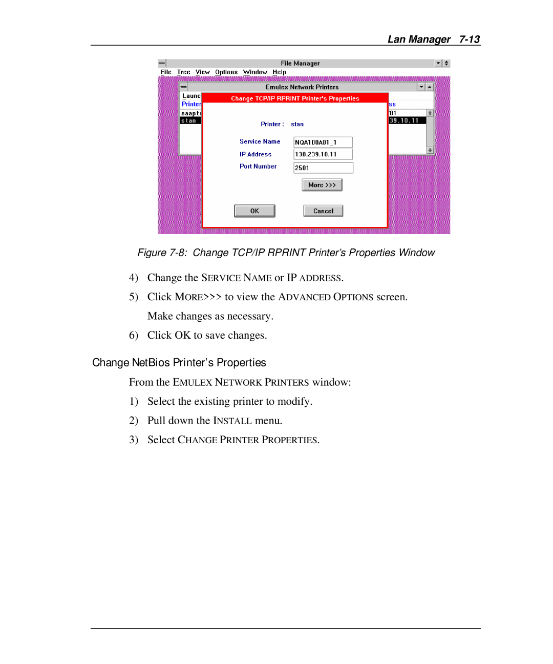 Emulex NJ01B-NT+, NP02, NQ0V-NT+ manual Change NetBios Printer’s Properties, Change TCP/IP Rprint Printer’s Properties Window 