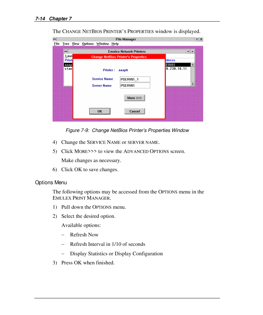 Emulex NQGB-NT+, NP02, NQ0V-NT+, NJ01B-NT+, NQTR0U-NATM Options Menu, Change Netbios PRINTER’S Properties window is displayed 