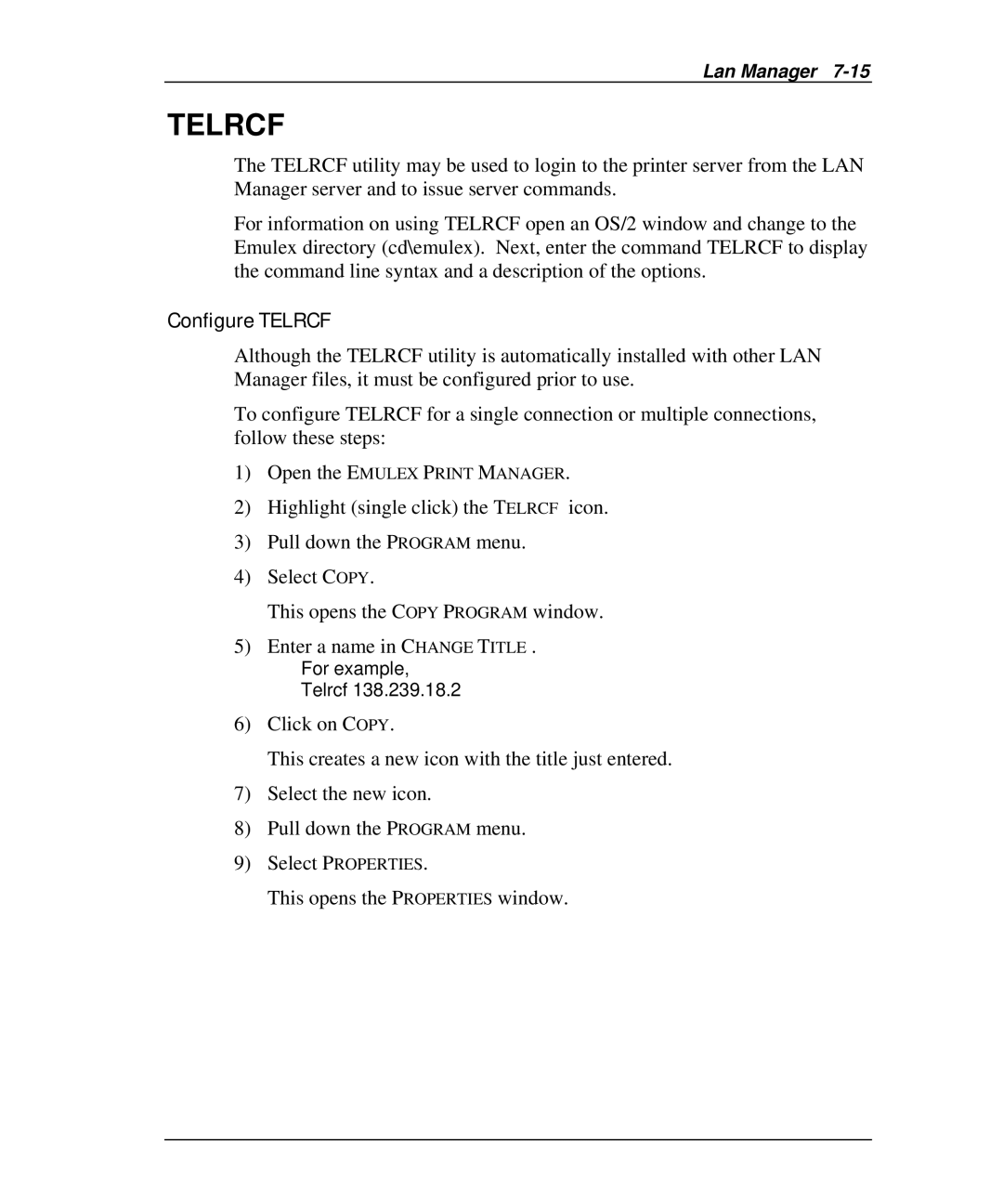 Emulex NQTR0U-NATM, NP02, NQ0V-NT+, NJ01B-NT+, NQGB-NT+, NQ0U-NT+, NQTR0V-NATM manual Configure Telrcf 