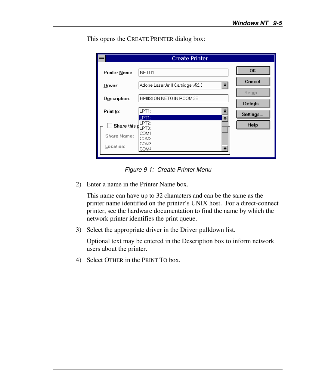 Emulex NQ0U-NT+, NP02, NQ0V-NT+, NJ01B-NT+, NQGB-NT+ manual This opens the Create Printer dialog box, Create Printer Menu 