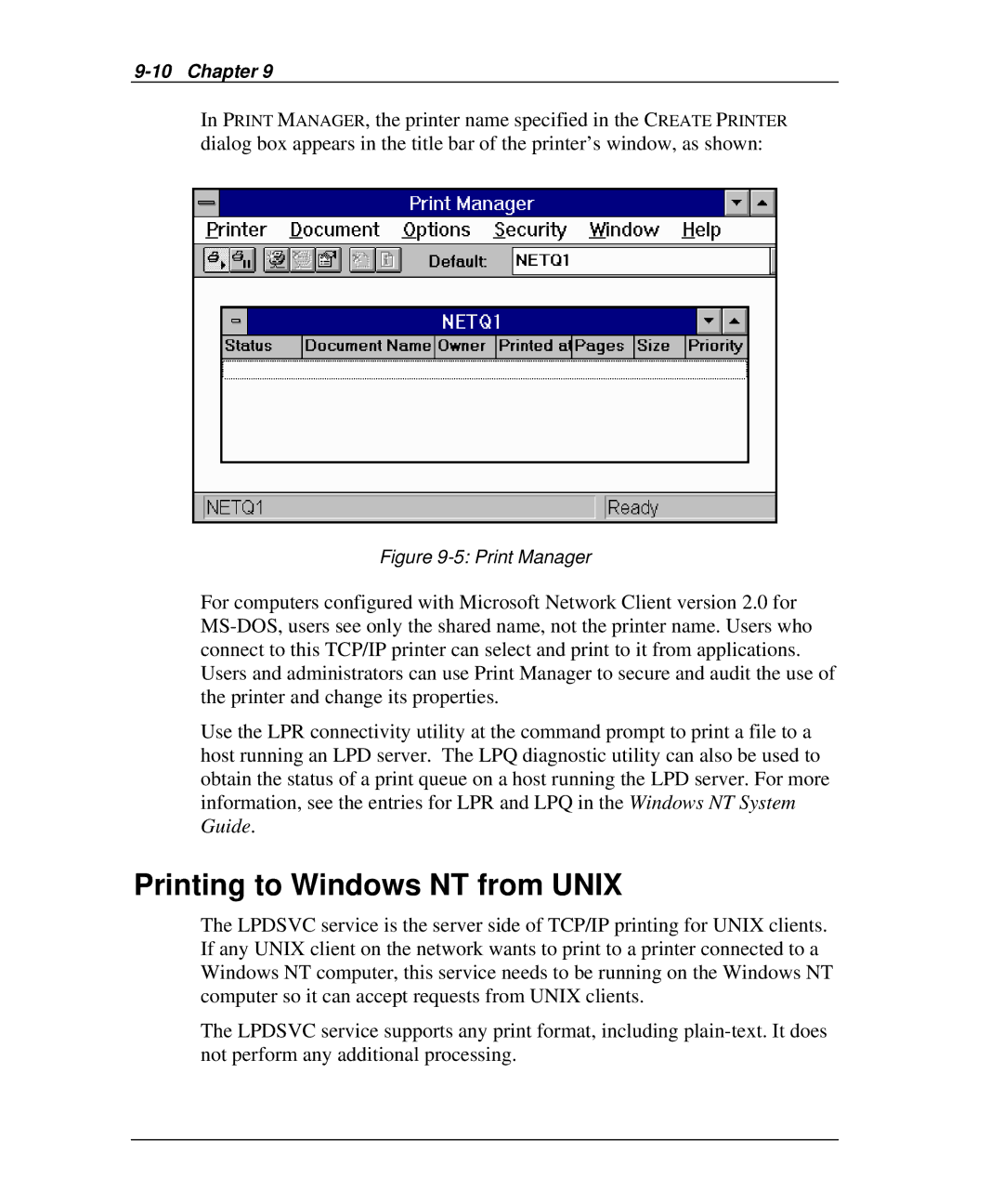 Emulex NQGB-NT+, NP02, NQ0V-NT+, NJ01B-NT+, NQTR0U-NATM, NQ0U-NT+, NQTR0V-NATM Printing to Windows NT from Unix, Print Manager 