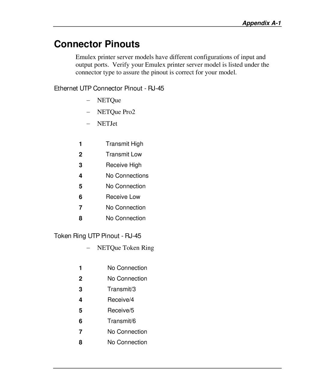 Emulex NJ01B-NT+ Connector Pinouts, Ethernet UTP Connector Pinout RJ-45, Token Ring UTP Pinout RJ-45, NETQue Token Ring 