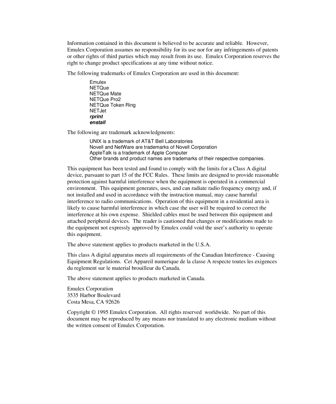 Emulex NJ01B-NT+, NP02, NQ0V-NT+, NQGB-NT+, NQTR0U-NATM, NQ0U-NT+, NQTR0V-NATM manual Following are trademark acknowledgments 