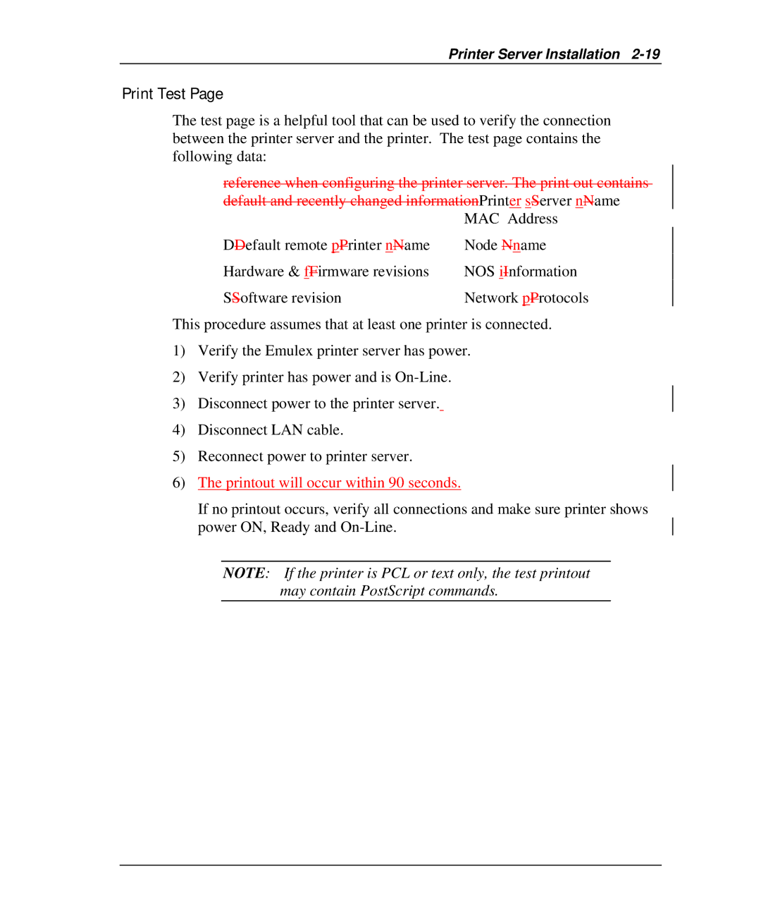 Emulex NQTR0U-NATM, NP02, NQ0V-NT+, NJ01B-NT+, NQGB-NT+, NQ0U-NT+ manual Print Test, Printout will occur within 90 seconds 