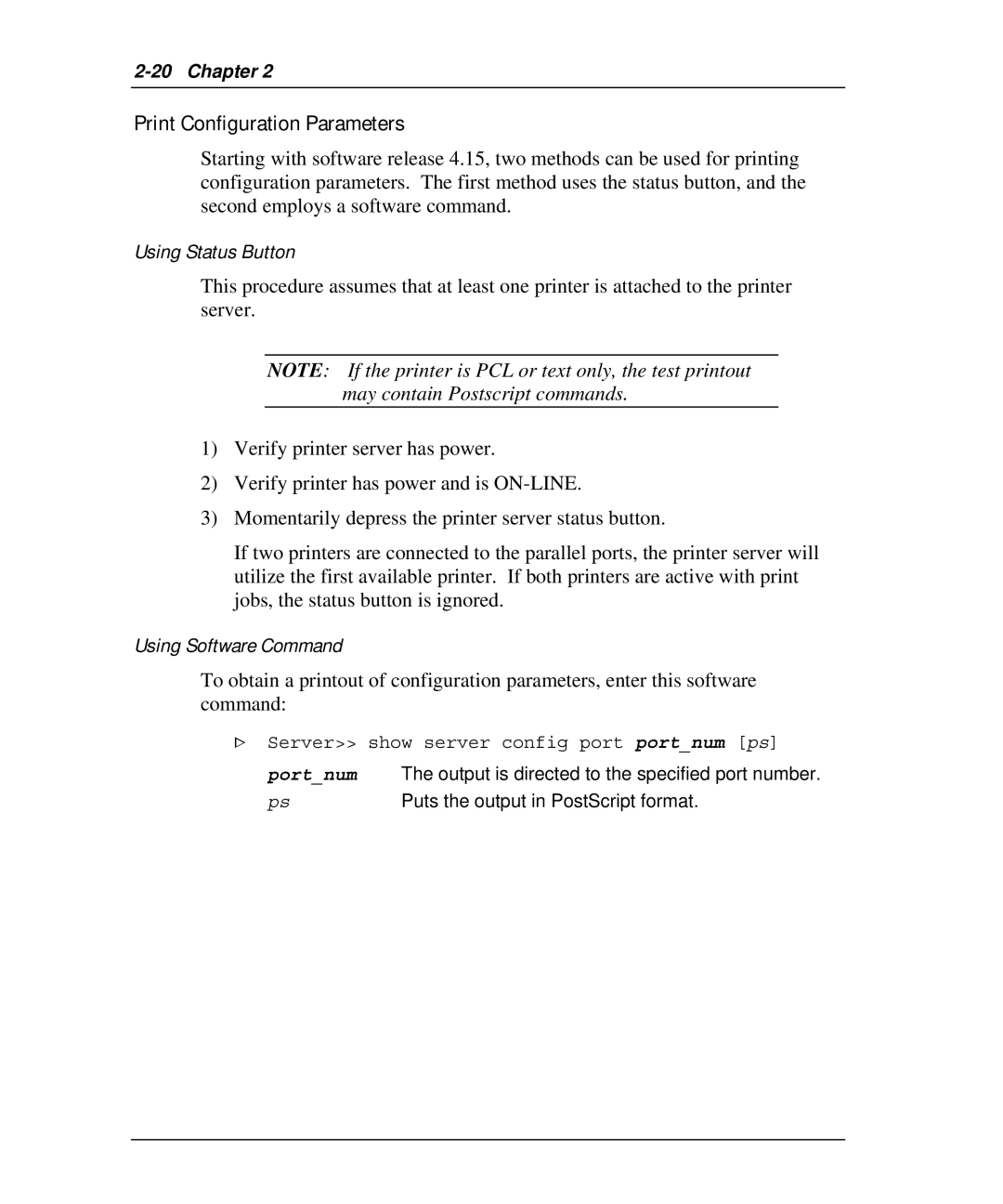 Emulex NQ0U-NT+, NP02, NQ0V-NT+, NJ01B-NT+ manual Print Configuration Parameters, Using Status Button, Using Software Command 