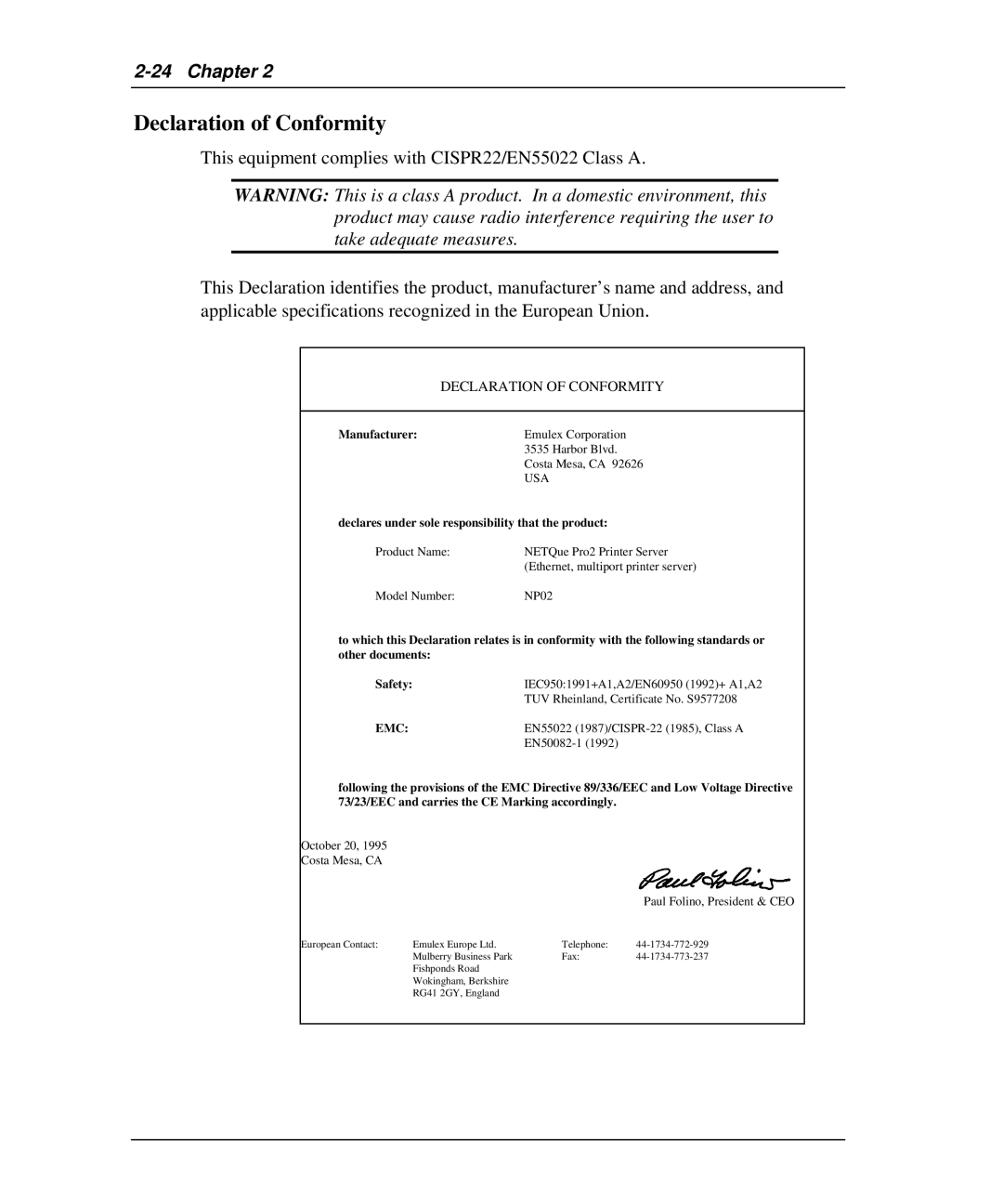 Emulex NJ01B-NT+, NP02, NQ0V-NT+, NQGB-NT+, NQTR0U-NATM, NQ0U-NT+, NQTR0V-NATM manual Declaration of Conformity 