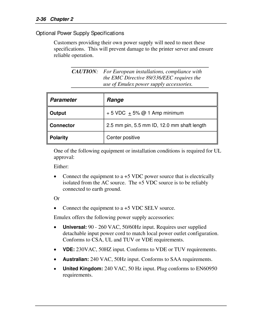 Emulex NP02, NQ0V-NT+, NJ01B-NT+, NQGB-NT+, NQTR0U-NATM, NQ0U-NT+, NQTR0V-NATM manual Optional Power Supply Specifications 