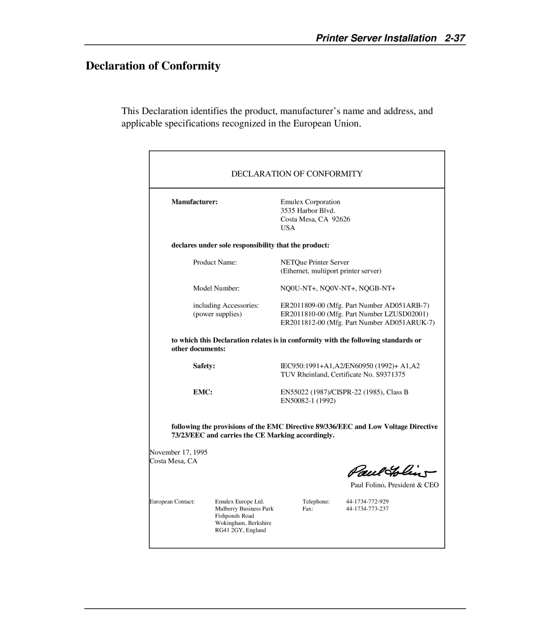 Emulex NQ0V-NT+, NP02, NJ01B-NT+, NQGB-NT+, NQTR0U-NATM, NQ0U-NT+, NQTR0V-NATM manual Declaration of Conformity 