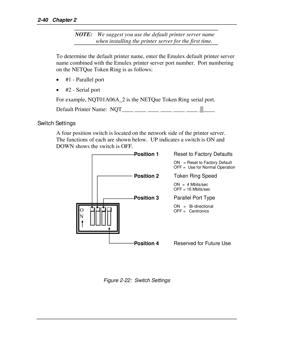 Emulex NQTR0U-NATM, NP02, NQ0V-NT+, NJ01B-NT+, NQGB-NT+, NQ0U-NT+, NQTR0V-NATM manual Switch Settings 