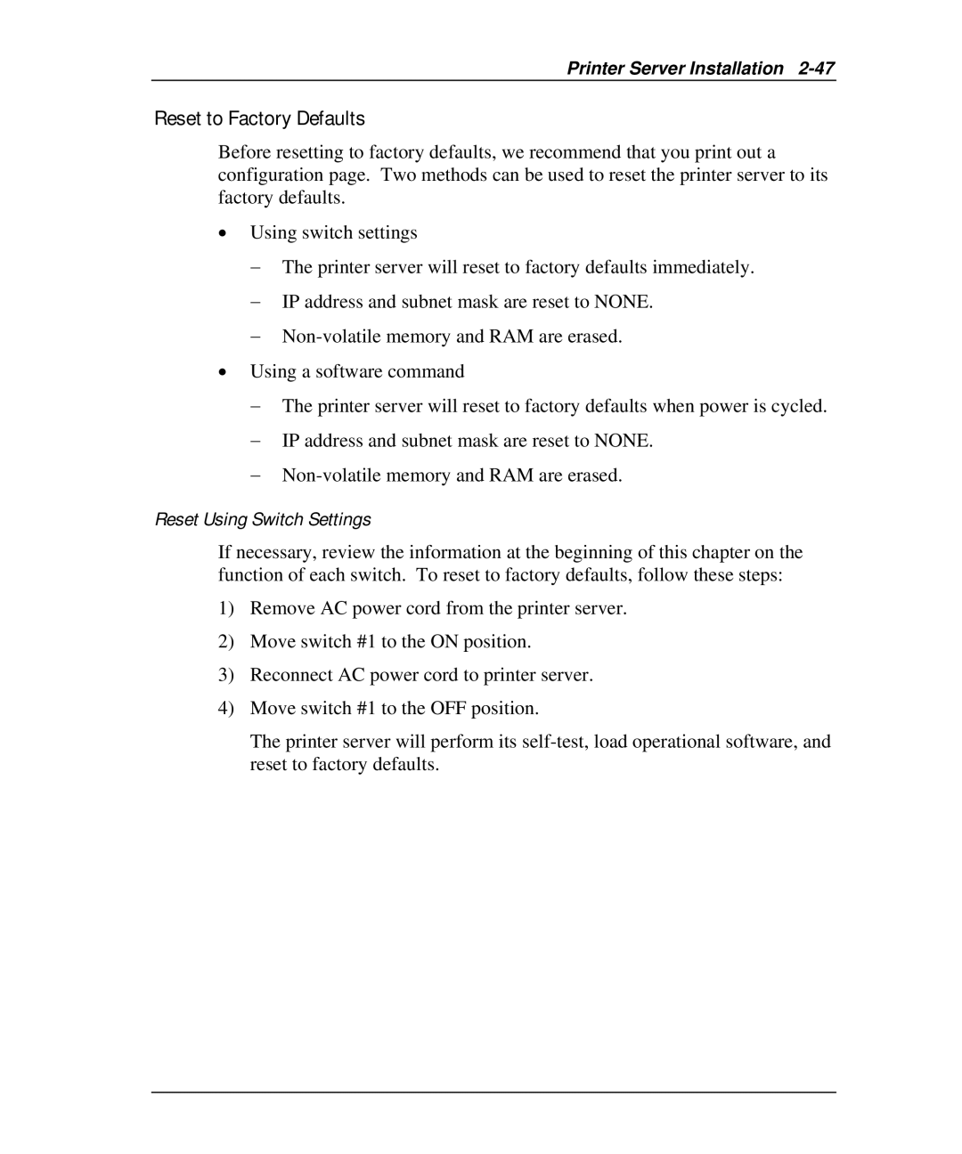 Emulex NQTR0U-NATM, NP02, NQ0V-NT+, NJ01B-NT+, NQGB-NT+, NQ0U-NT+ manual Reset to Factory Defaults, Reset Using Switch Settings 