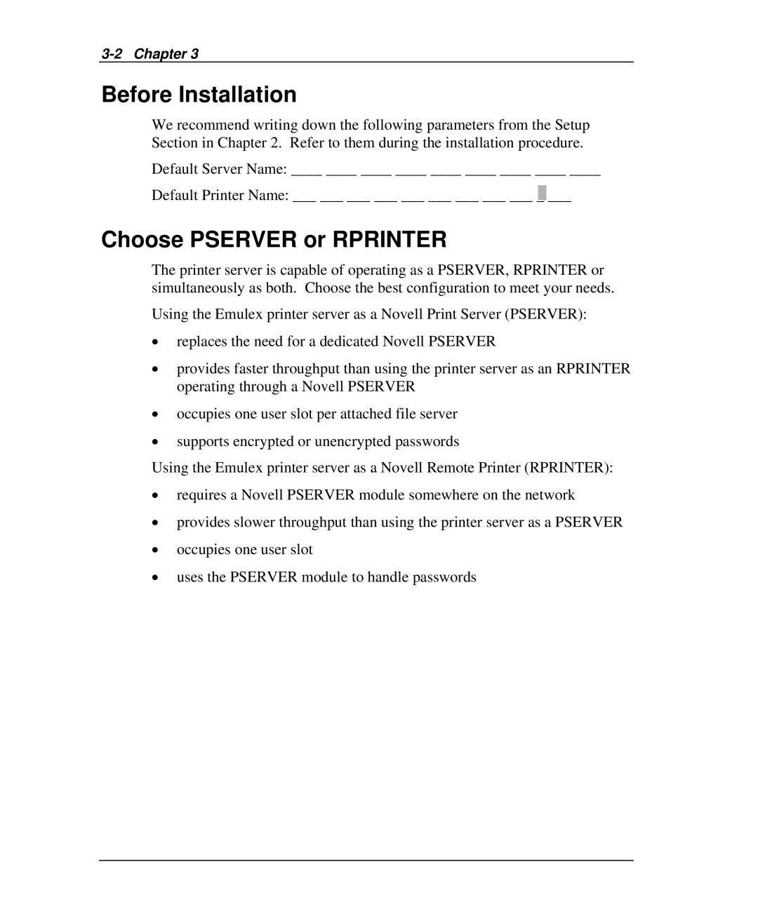 Emulex NP02, NQ0V-NT+, NJ01B-NT+, NQGB-NT+, NQTR0U-NATM, NQ0U-NT+, NQTR0V-NATM Before Installation, Choose Pserver or Rprinter 