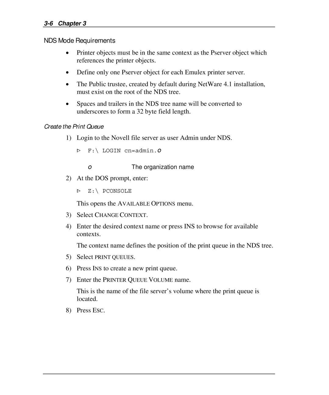 Emulex NQTR0U-NATM NDS Mode Requirements, Create the Print Queue, Login to the Novell file server as user Admin under NDS 