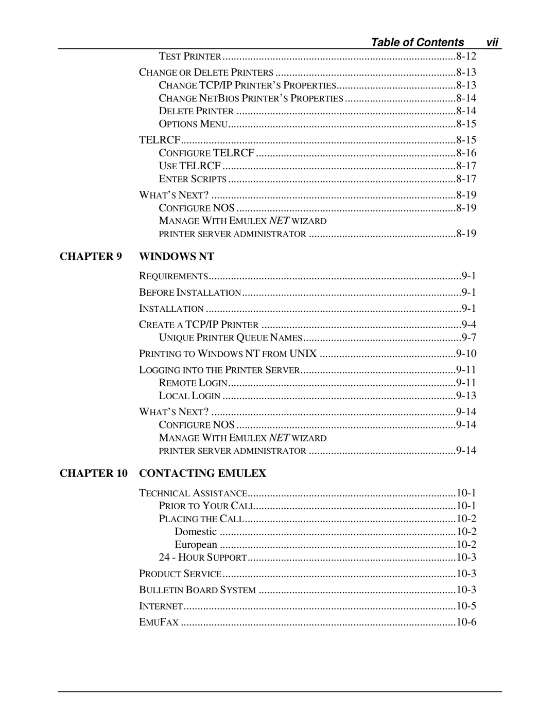 Emulex NJ01B-NT+, NP02, NQ0V-NT+, NQGB-NT+, NQTR0U-NATM, NQ0U-NT+, NQTR0V-NATM manual Table of Contents Vii 