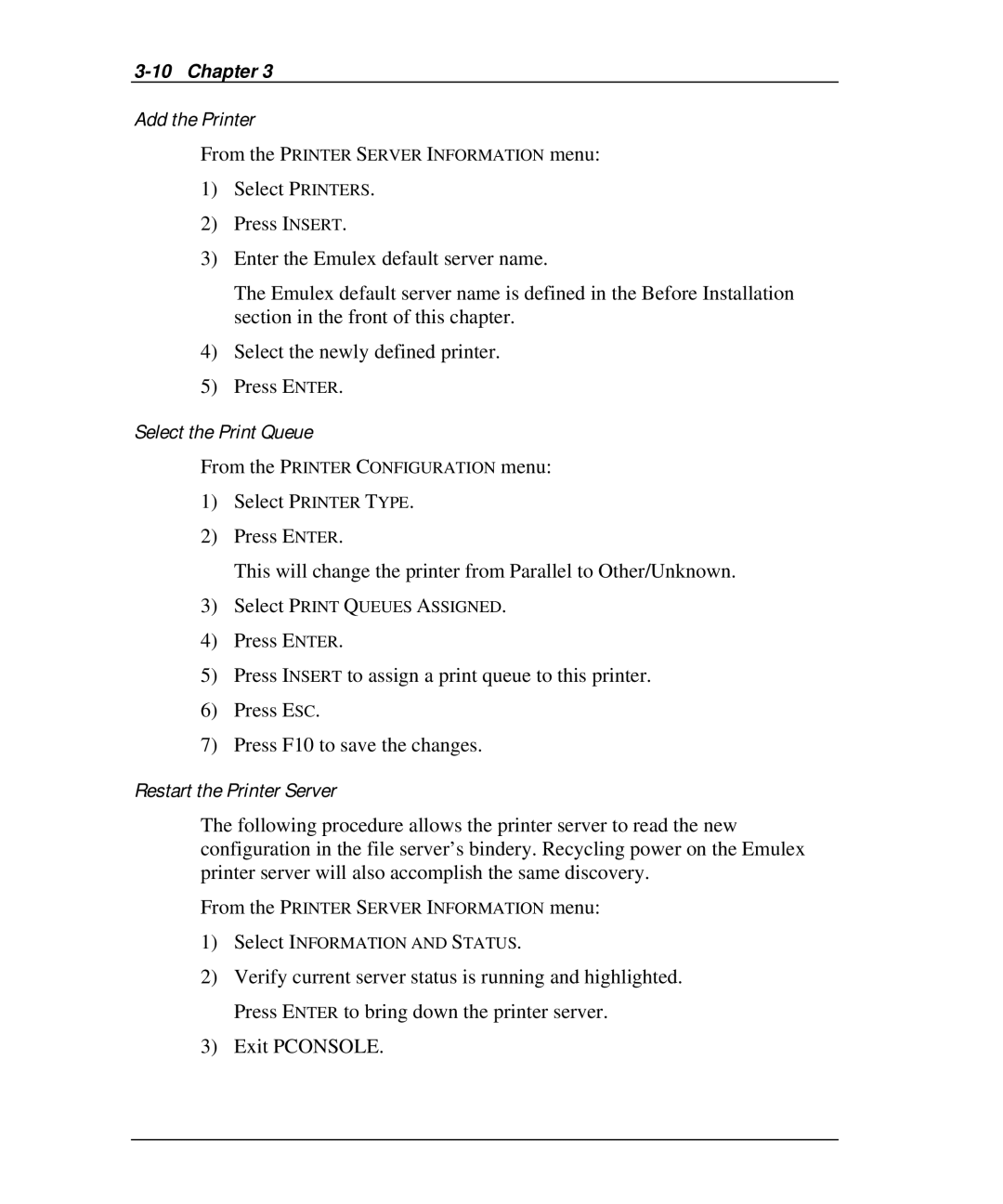 Emulex NQ0V-NT+, NP02, NJ01B-NT+, NQGB-NT+, NQTR0U-NATM, NQ0U-NT+, NQTR0V-NATM manual From the Printer Server Information menu 