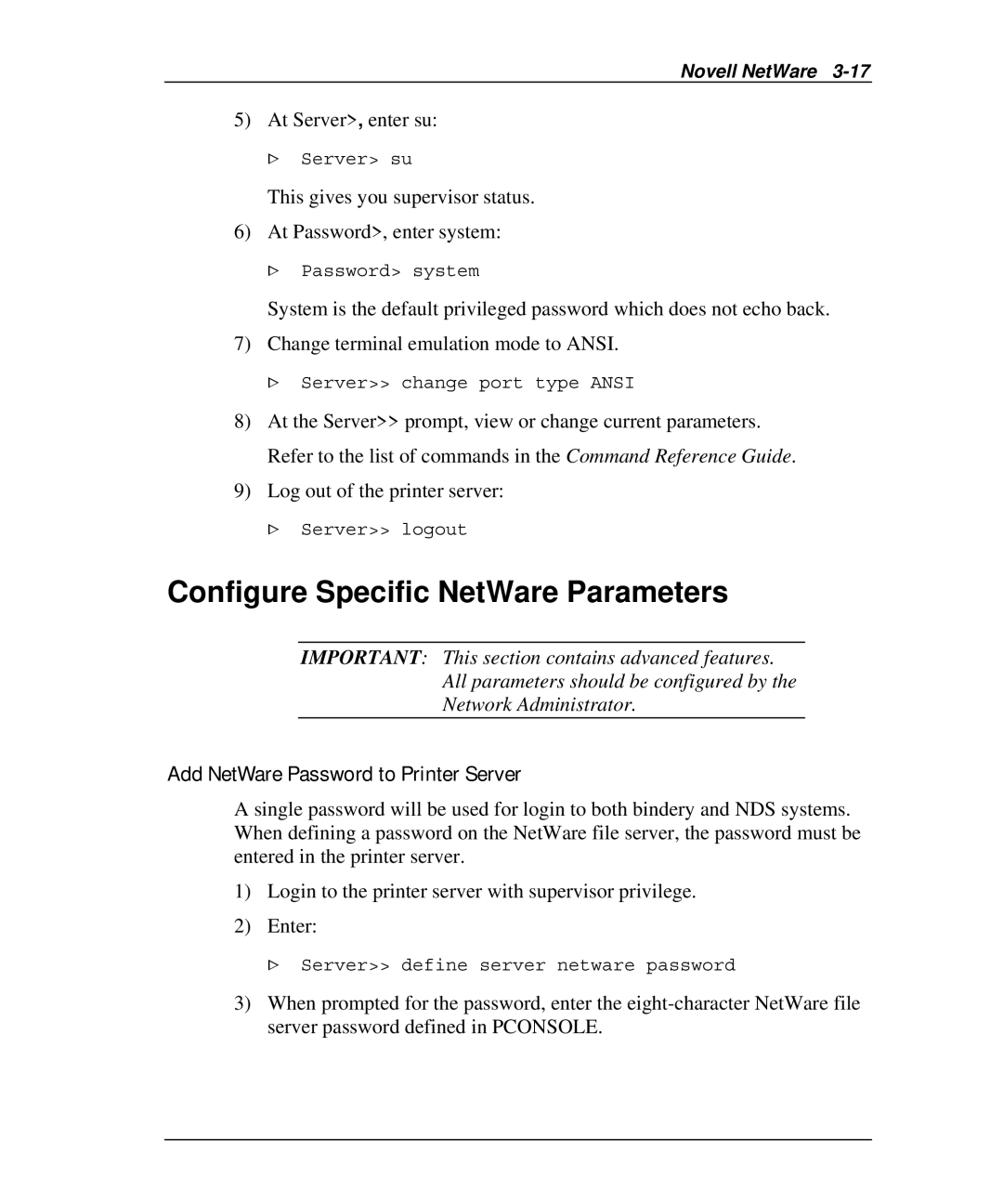 Emulex NQ0V-NT+, NP02 Configure Specific NetWare Parameters, Add NetWare Password to Printer Server, At Server, enter su 