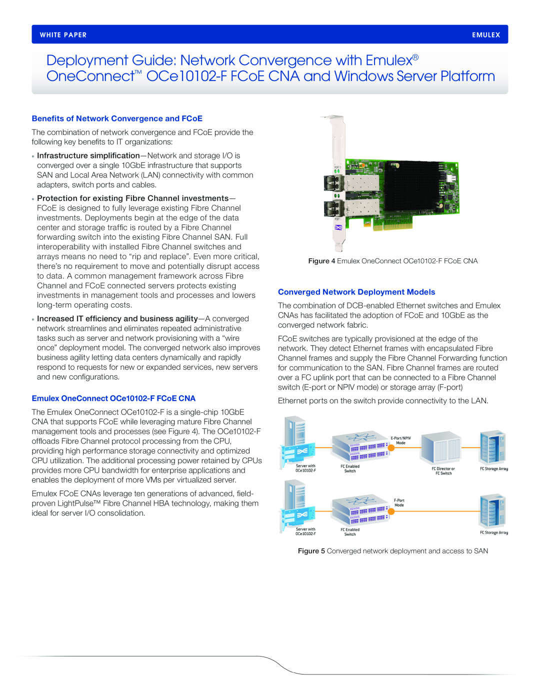 Emulex OCE10102-F manual Benefits of Network Convergence and FCoE, Emulex OneConnect OCe10102-F FCoE CNA 