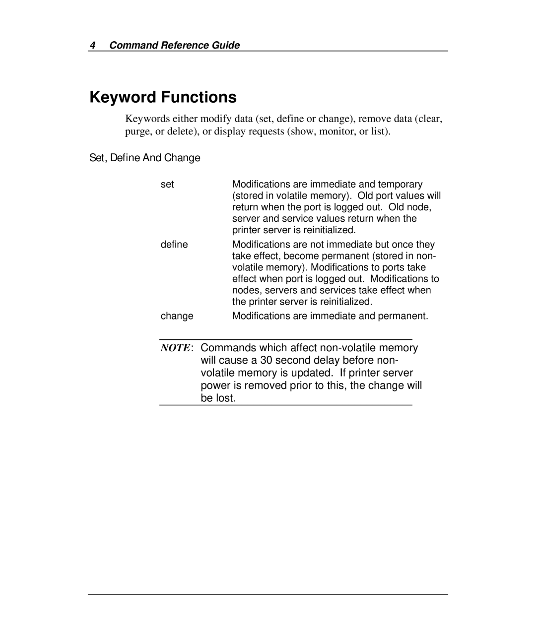 Emulex Printer Server manual Keyword Functions, Set, Define And Change 