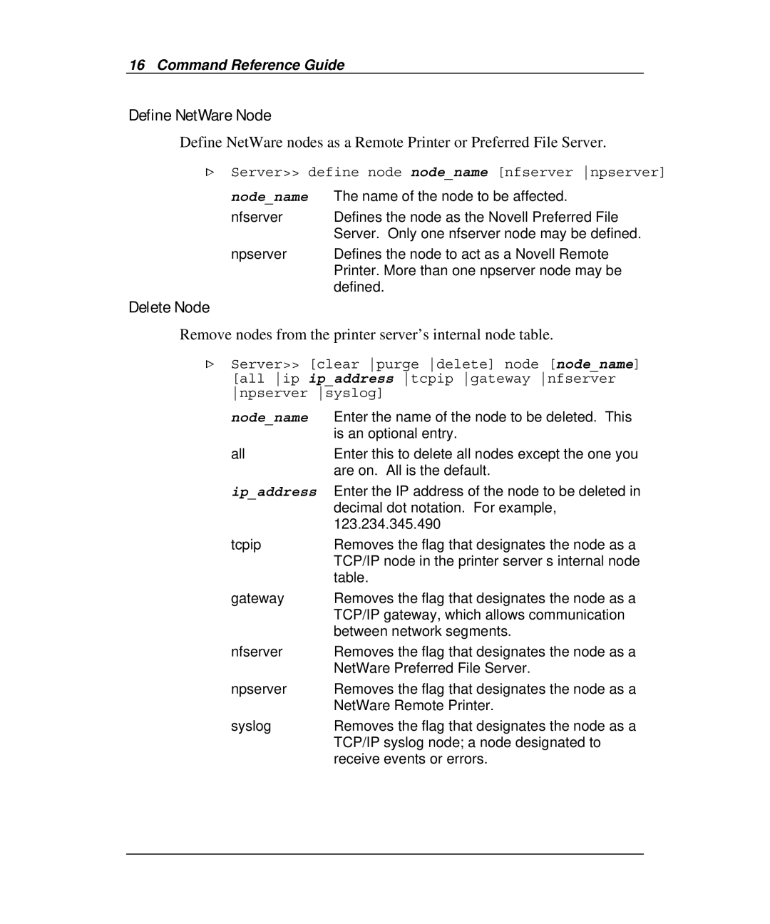 Emulex Printer Server manual Define NetWare Node, Delete Node, Remove nodes from the printer server’s internal node table 