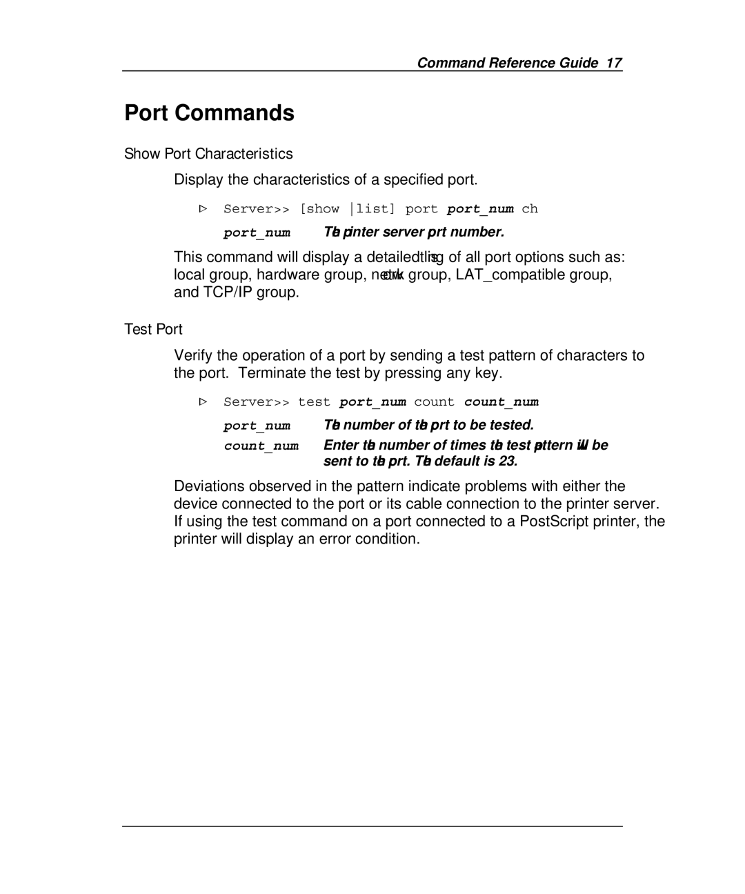 Emulex Printer Server Port Commands, Show Port Characteristics, Test Port, Display the characteristics of a specified port 