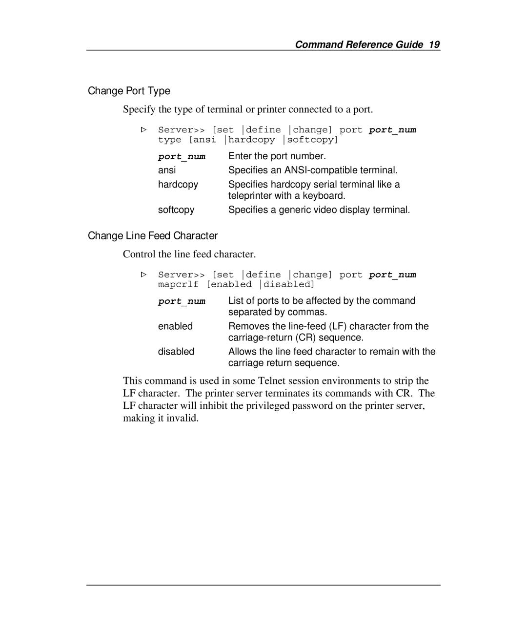 Emulex Printer Server manual Change Port Type, Change Line Feed Character, Control the line feed character 