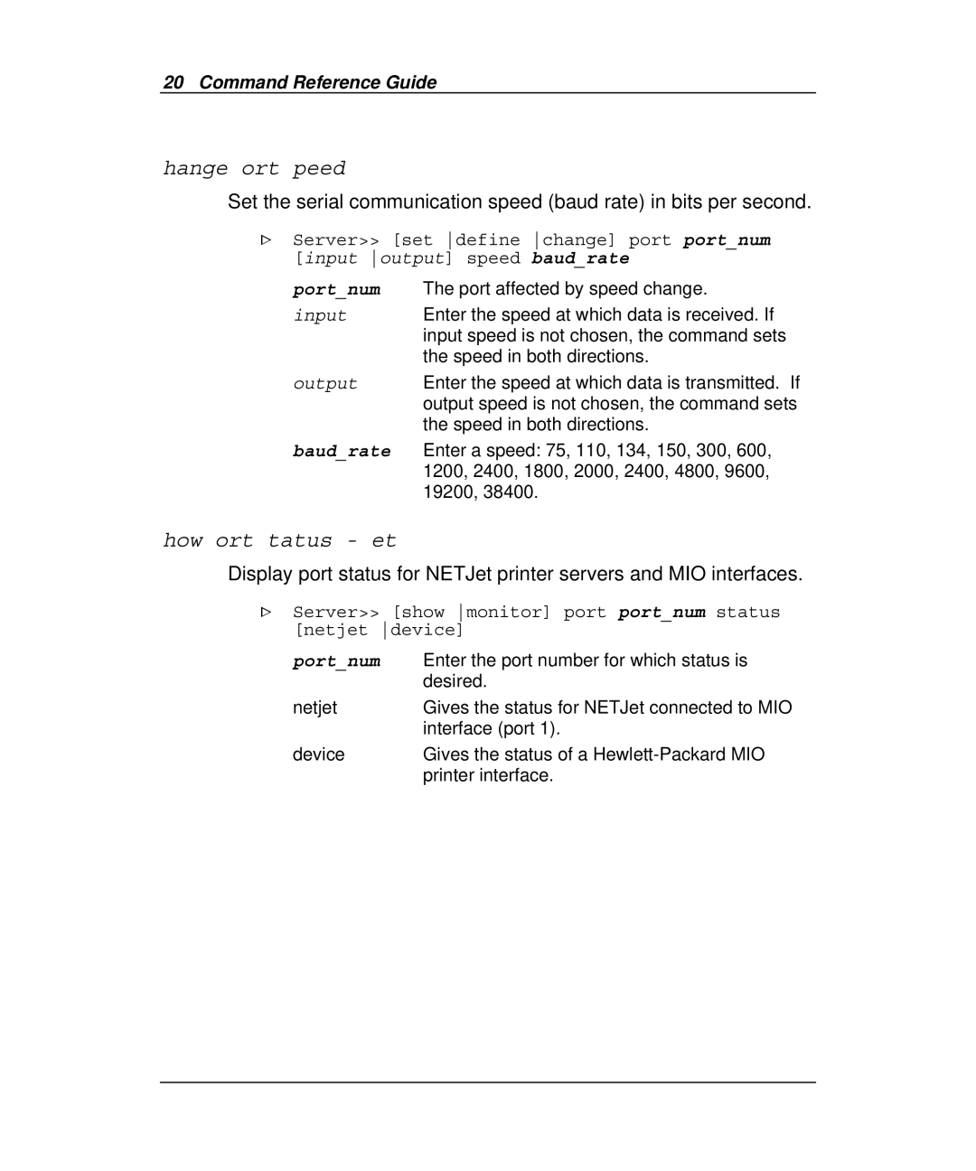 Emulex Printer Server manual Change Port Speed, Show Port Status NETJet, Baudrate 